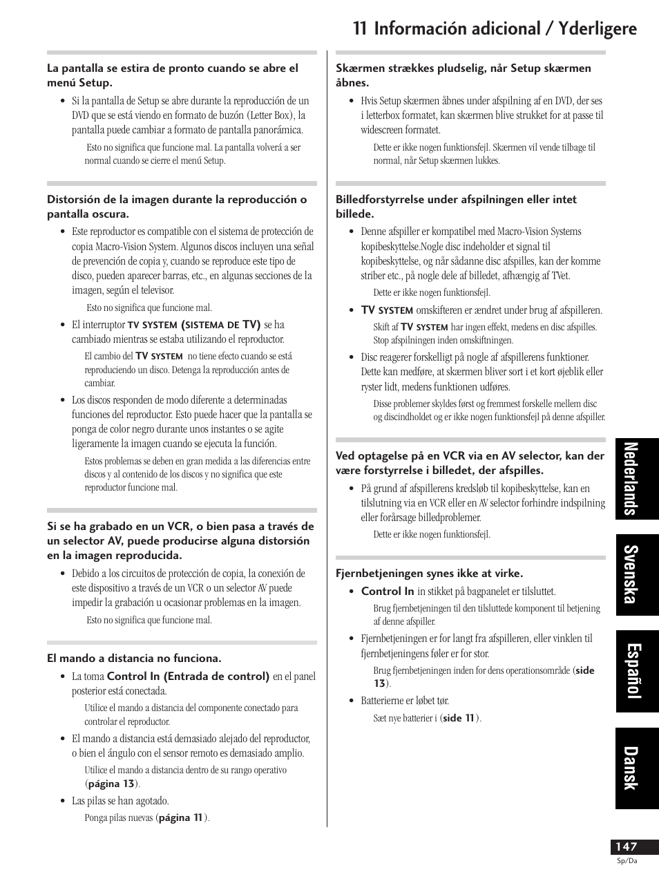 11 información adicional / yderligere, Nederlands svenska español dansk | Pioneer DV-737-K User Manual | Page 147 / 156