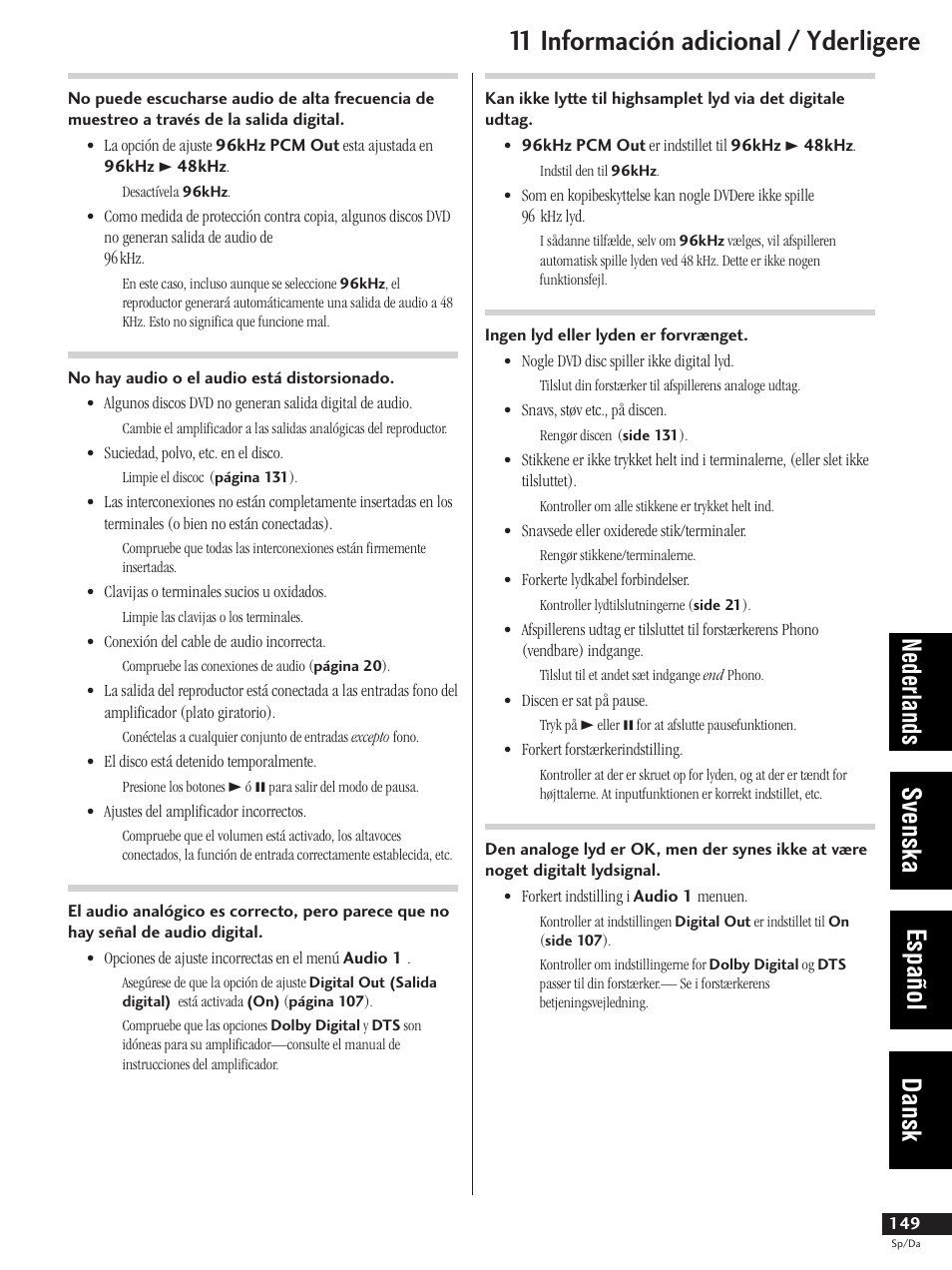 11 información adicional / yderligere, Nederlands svenska español dansk | Pioneer DV-737-K User Manual | Page 149 / 156