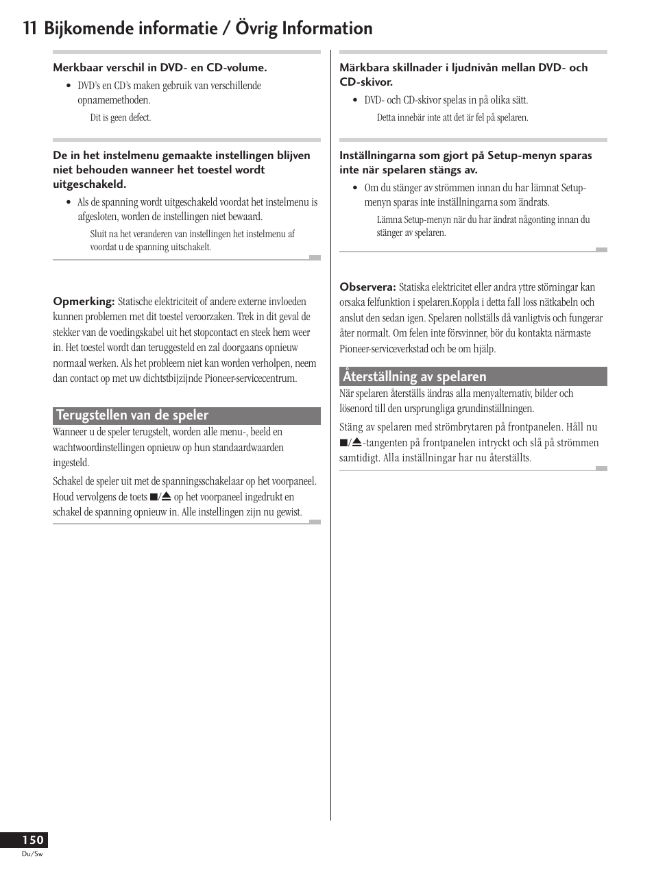 Terugstellen van de speler, Återställning av spelaren, 11 bijkomende informatie / övrig information | Pioneer DV-737-K User Manual | Page 150 / 156