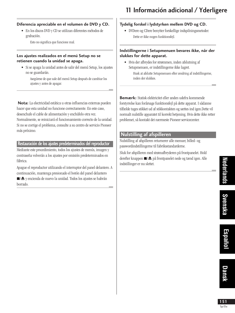 Nulstilling af afspilleren, 11 información adicional / yderligere, Nederlands svenska español dansk | Pioneer DV-737-K User Manual | Page 151 / 156
