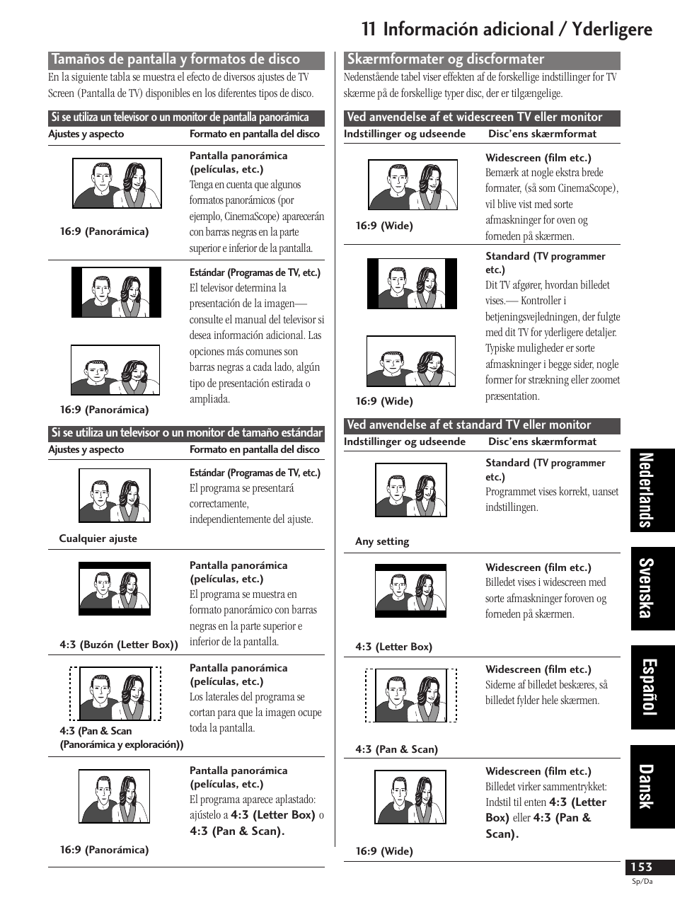 Tamaños de pantalla y formatos de disco, Skærmformater og discformater, 11 información adicional / yderligere | Nederlands svenska español dansk | Pioneer DV-737-K User Manual | Page 153 / 156