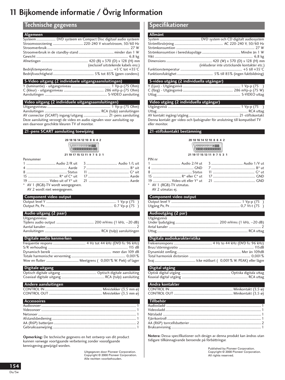 Technische gegevens, Specifikationer, 11 bijkomende informatie / övrig information | Pioneer DV-737-K User Manual | Page 154 / 156