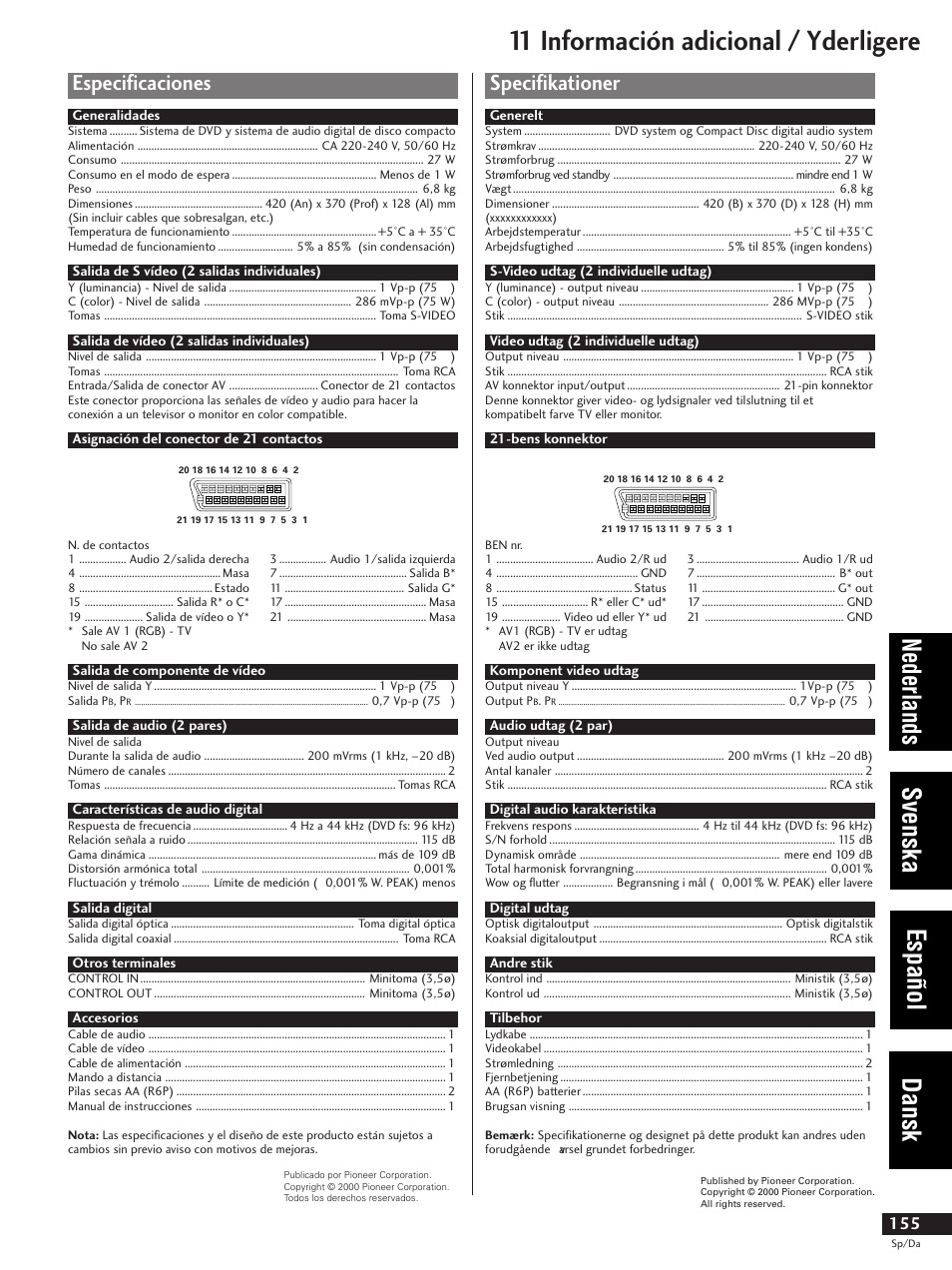 Especificaciones, Specifikationer, 11 información adicional / yderligere | Nederlands svenska español dansk | Pioneer DV-737-K User Manual | Page 155 / 156