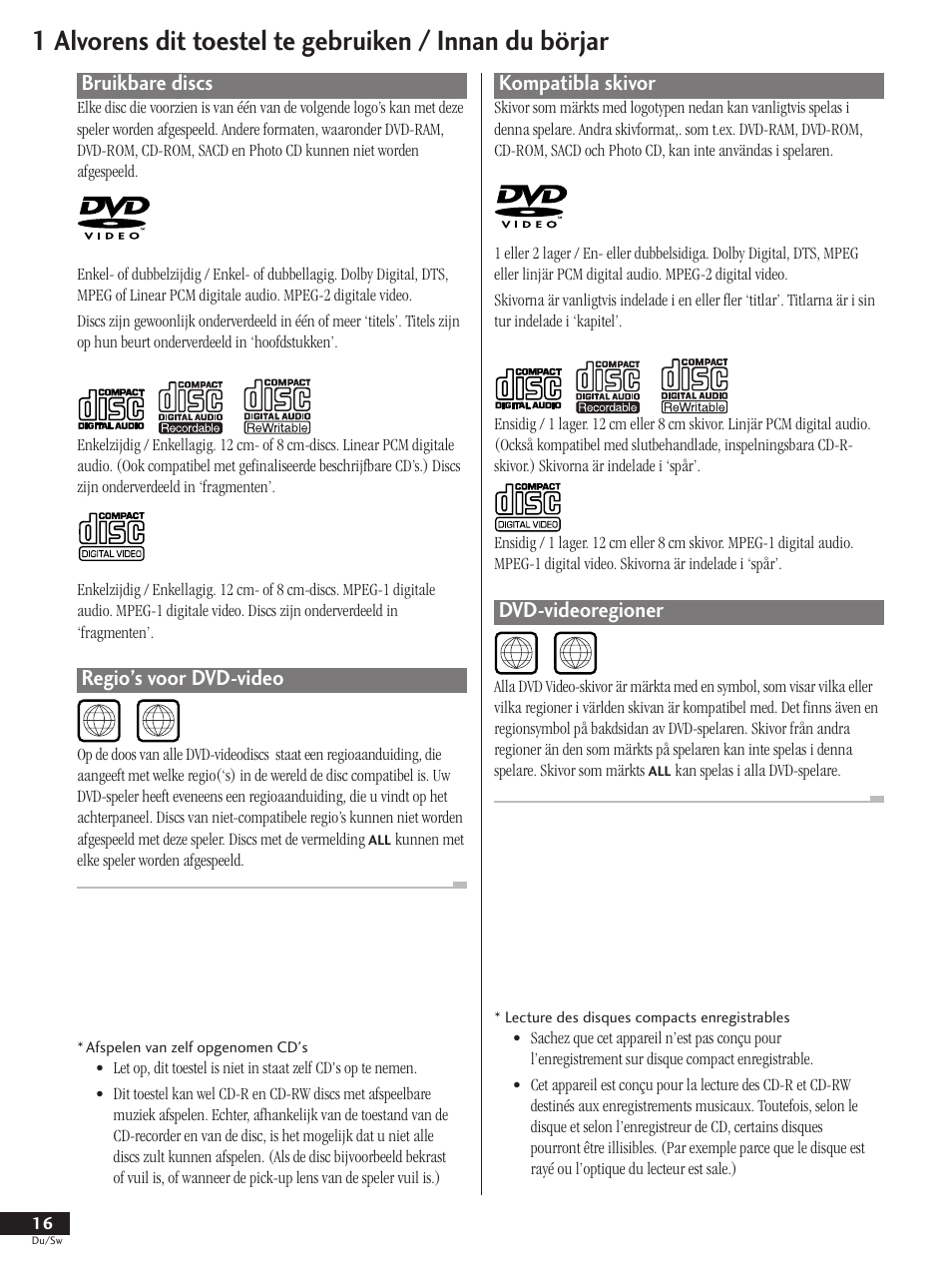Bruikbare discs regio’s voor dvd-video, Kompatibla skivor dvd-videoregioner, Bruikbare discs | Regio’s voor dvd-video, Kompatibla skivor, Dvd-videoregioner | Pioneer DV-737-K User Manual | Page 16 / 156