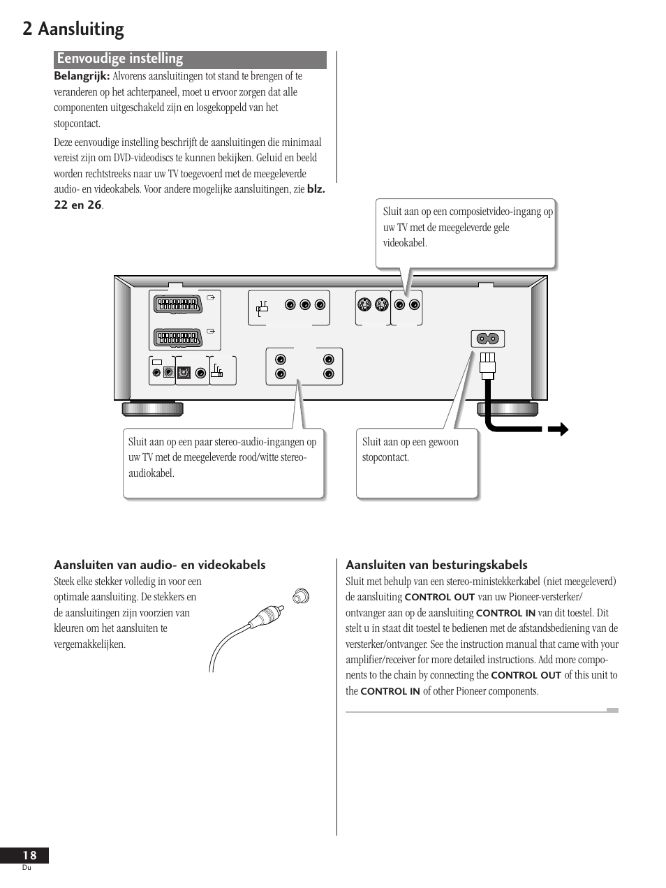 Eenvoudige instelling, 2 aansluiting, Aansluiten van audio- en videokabels | Aansluiten van besturingskabels, Of this unit to the | Pioneer DV-737-K User Manual | Page 18 / 156