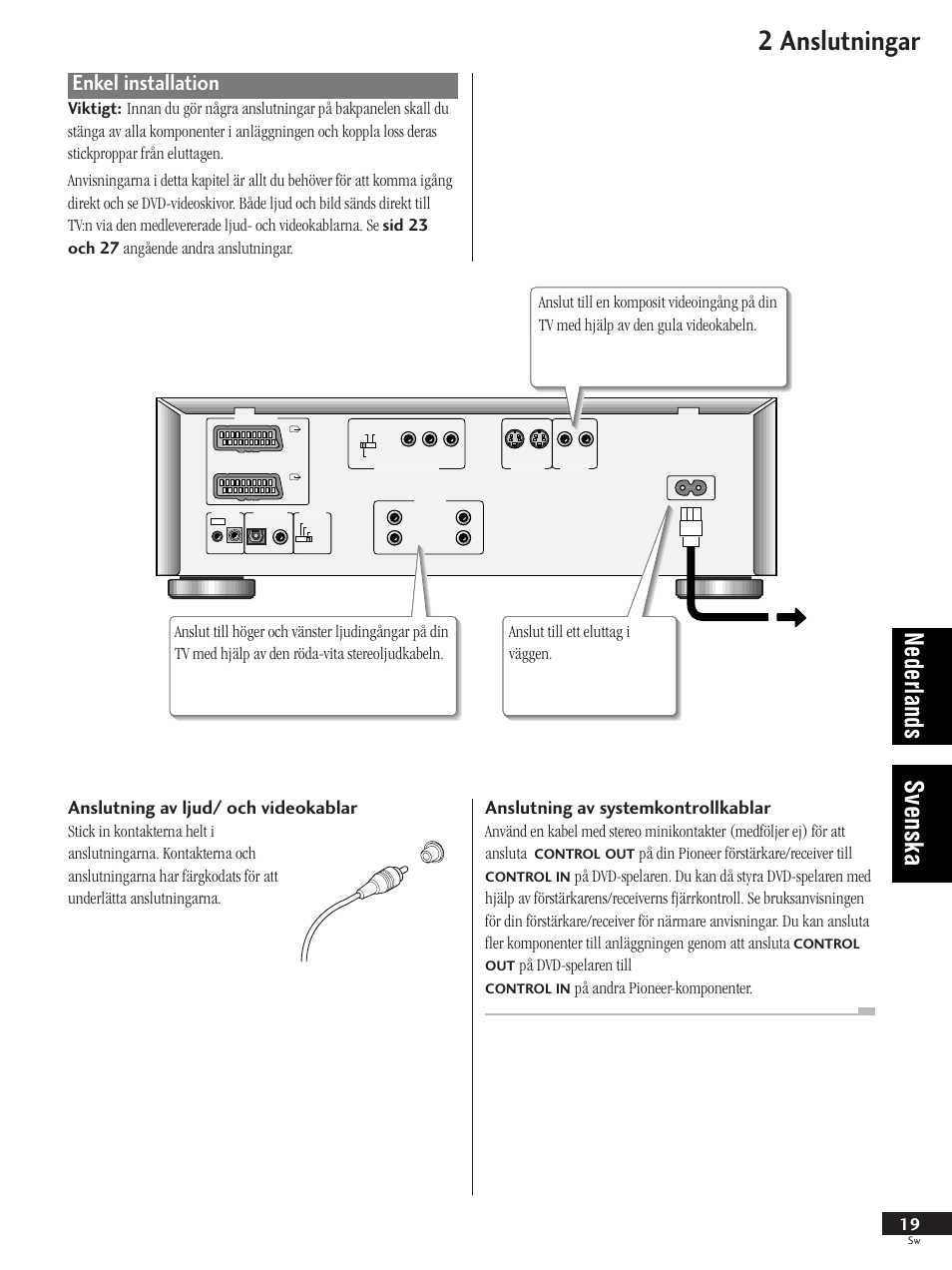 Enkel installation, 2 anslutningar, Nederlands svenska | Anslutning av ljud/ och videokablar, Anslutning av systemkontrollkablar, På din pioneer förstärkare/receiver till, På dvd-spelaren till | Pioneer DV-737-K User Manual | Page 19 / 156