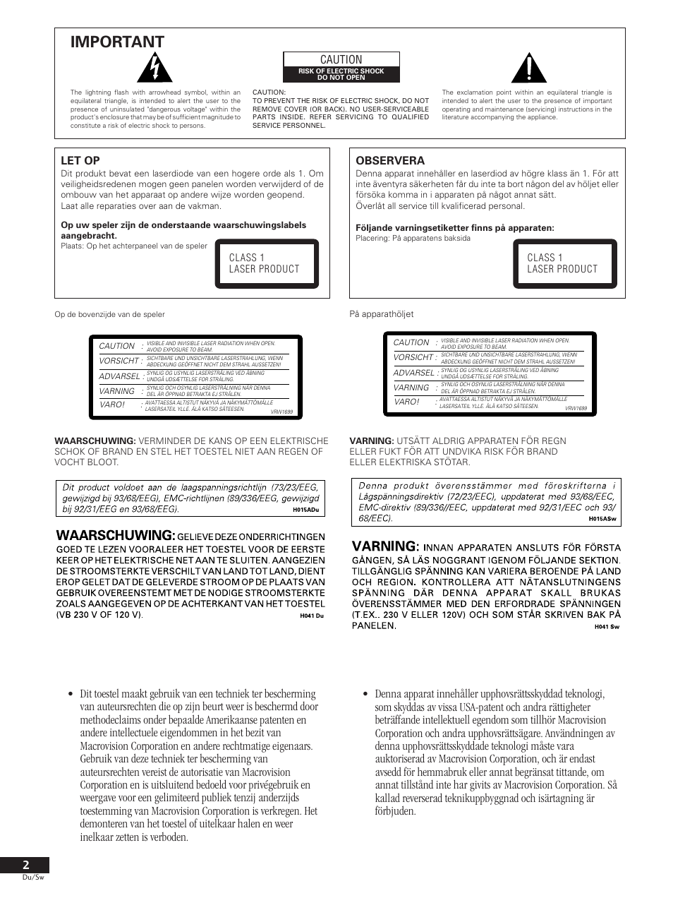Important, Caution, Let op | Observera | Pioneer DV-737-K User Manual | Page 2 / 156