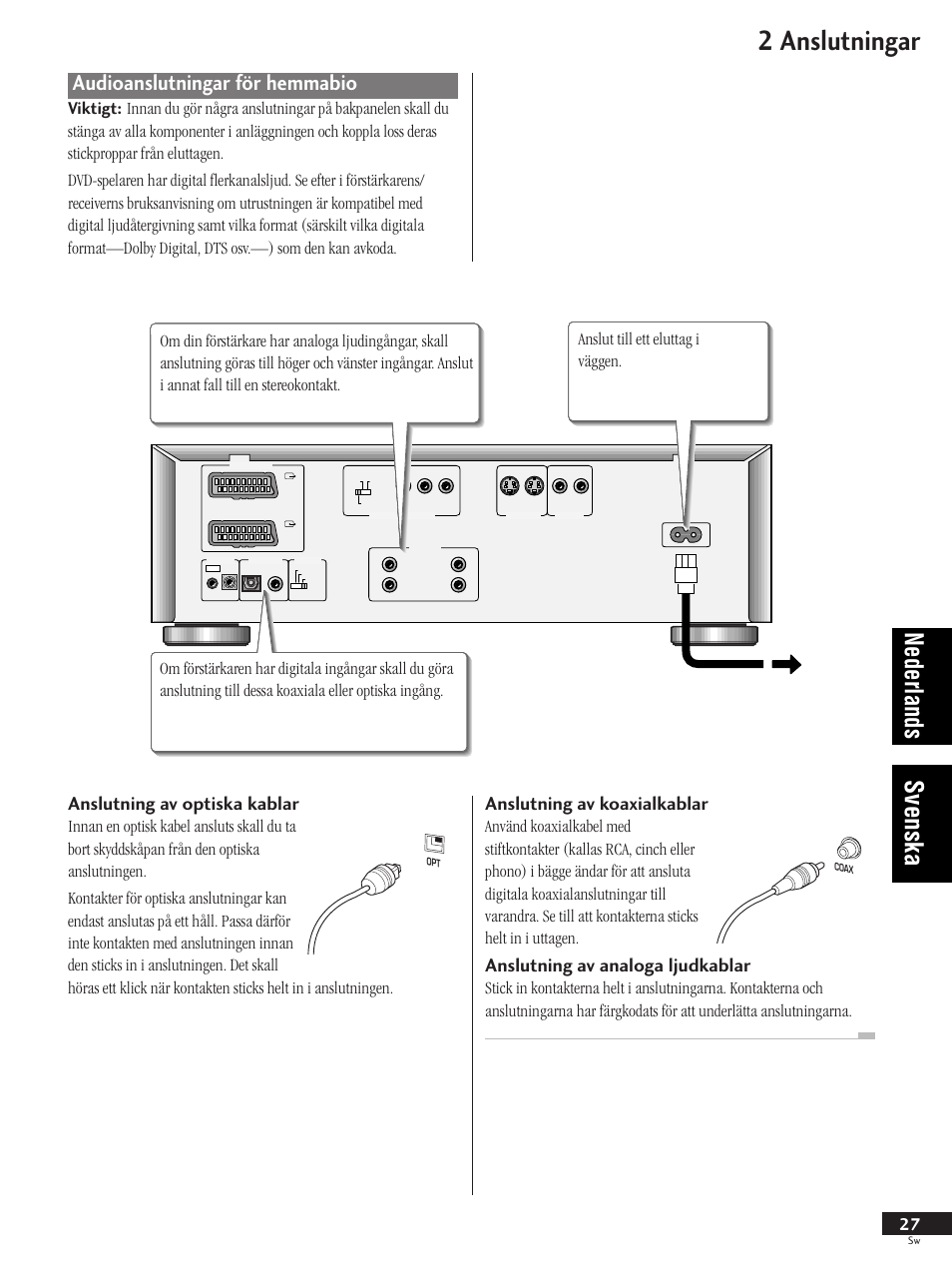 Audioanslutningar för hemmabio, 2 anslutningar, Nederlands svenska | Anslutning av optiska kablar, Anslutning av koaxialkablar, Anslutning av analoga ljudkablar | Pioneer DV-737-K User Manual | Page 27 / 156