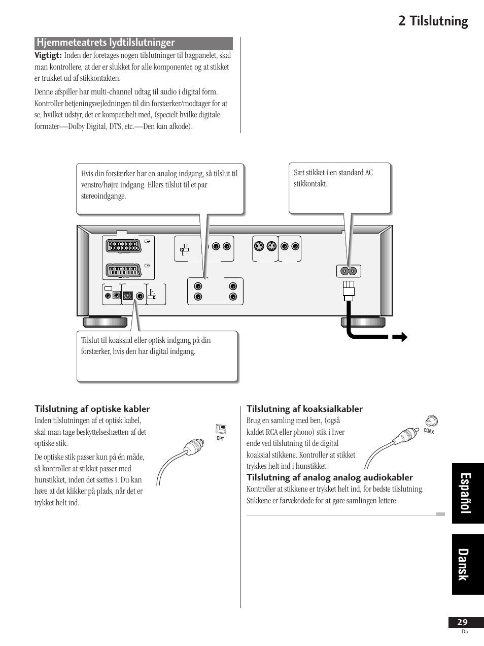 Hjemmeteatrets lydtilslutninger, 2 tilslutning, Español dansk | Tilslutning af optiske kabler, Tilslutning af koaksialkabler, Tilslutning af analog analog audiokabler | Pioneer DV-737-K User Manual | Page 29 / 156