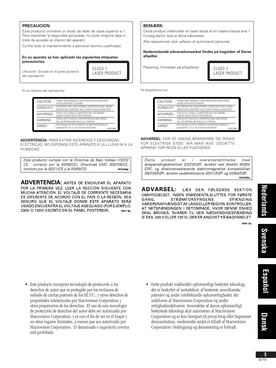 1 preparativos / inden du begynder, Nederlands svenska español dansk | Pioneer DV-737-K User Manual | Page 3 / 156