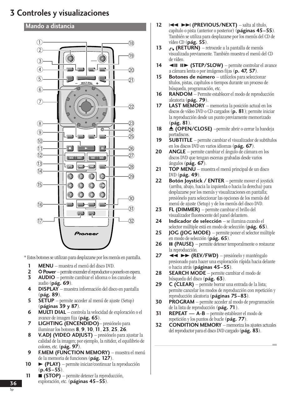 Mando a distancia, 3 controles y visualizaciones | Pioneer DV-737-K User Manual | Page 36 / 156