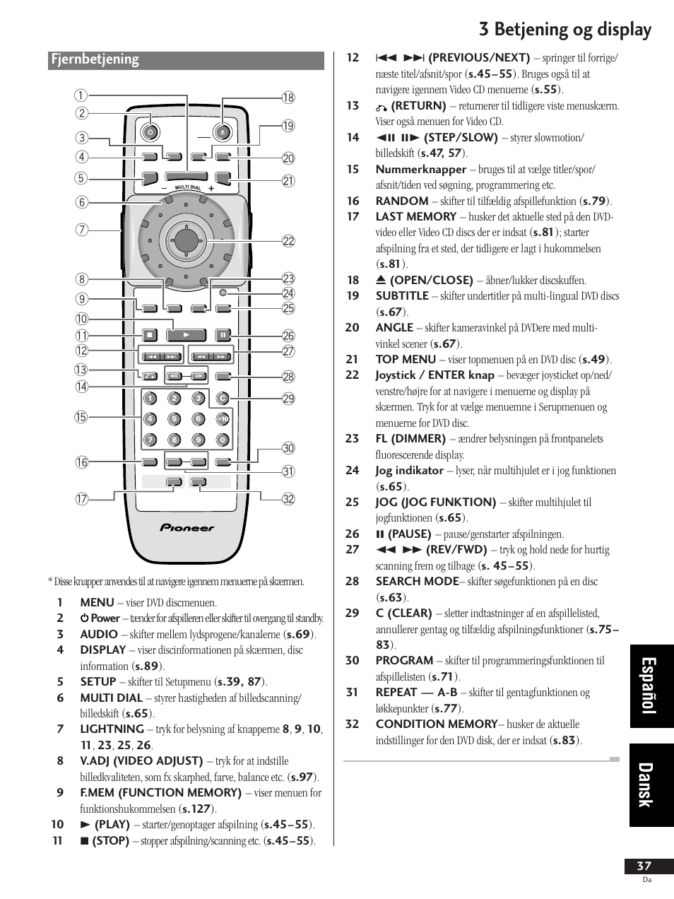 Fjernbetjening, 3 betjening og display, Español dansk | Pioneer DV-737-K User Manual | Page 37 / 156