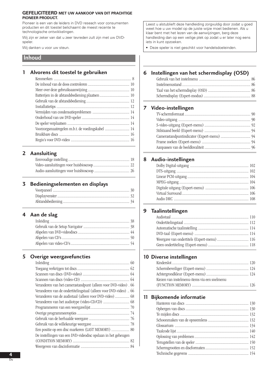 Dvd-spleler, Dvd spelare, Reproductor dvd | Dvd afspiller, Dv-737, Gebruiksaanwijzing, Bruksanvisning, Manual de instrucciones, Brugsanvisning, Inhoud | Pioneer DV-737-K User Manual | Page 4 / 156