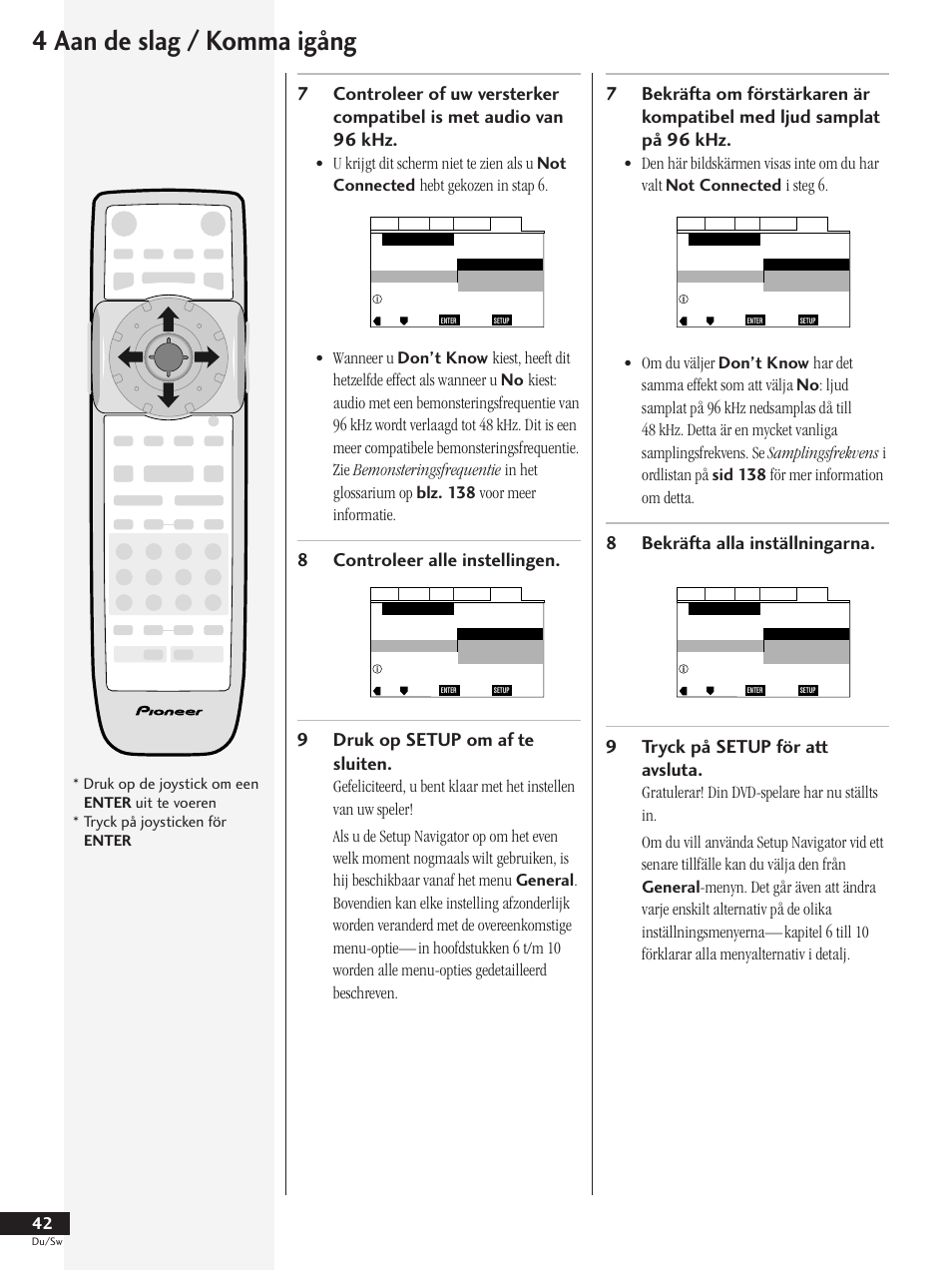 4 aan de slag / komma igång, Druk op de joystick om een enter uit te voeren, Tryck på joysticken för enter | Pioneer DV-737-K User Manual | Page 42 / 156