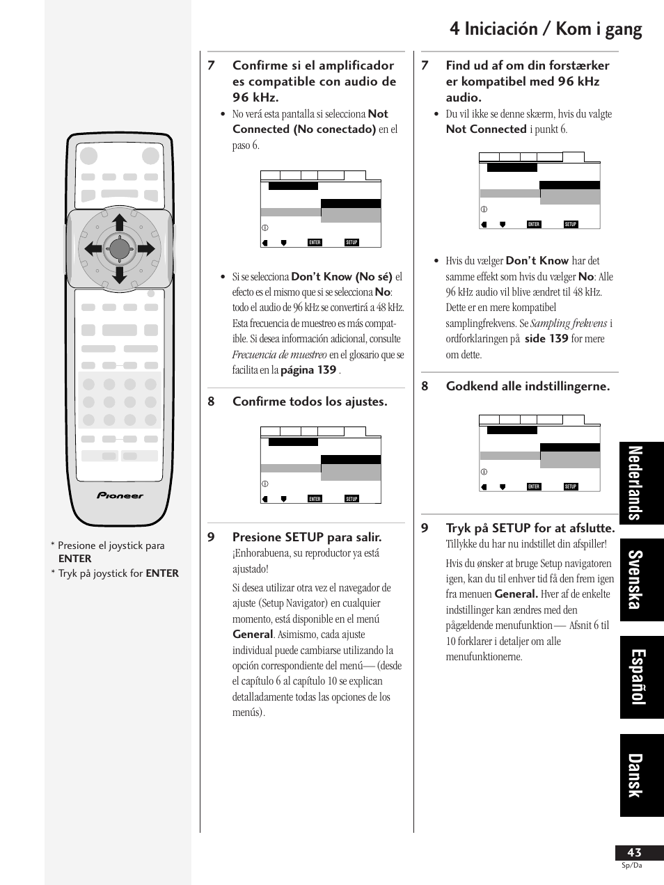 4 iniciación / kom i gang, Nederlands svenska español dansk | Pioneer DV-737-K User Manual | Page 43 / 156