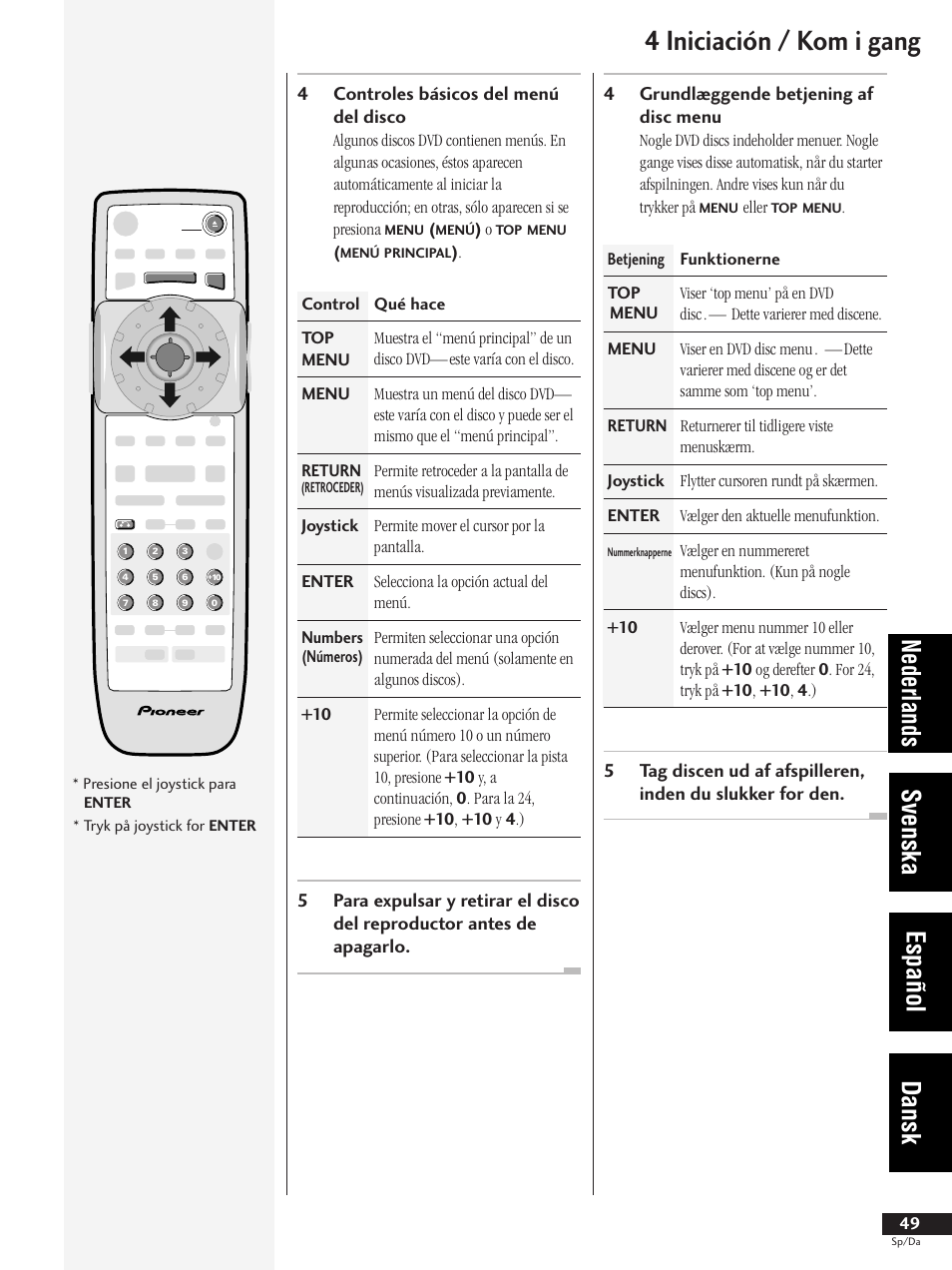 4 iniciación / kom i gang, Nederlands svenska español dansk, 4controles básicos del menú del disco | 4grundlæggende betjening af disc menu | Pioneer DV-737-K User Manual | Page 49 / 156