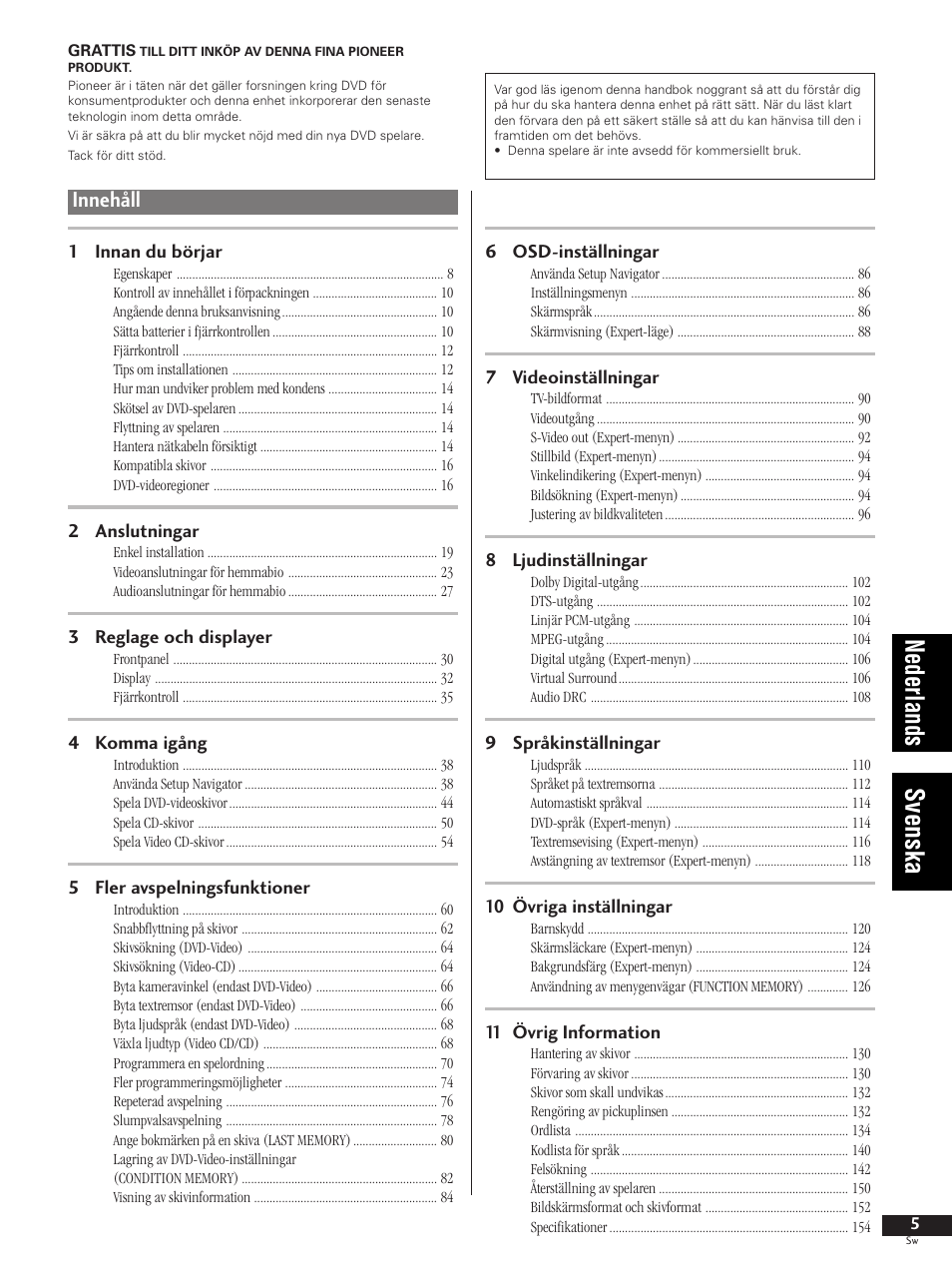 Nederlands svenska, Innehåll | Pioneer DV-737-K User Manual | Page 5 / 156