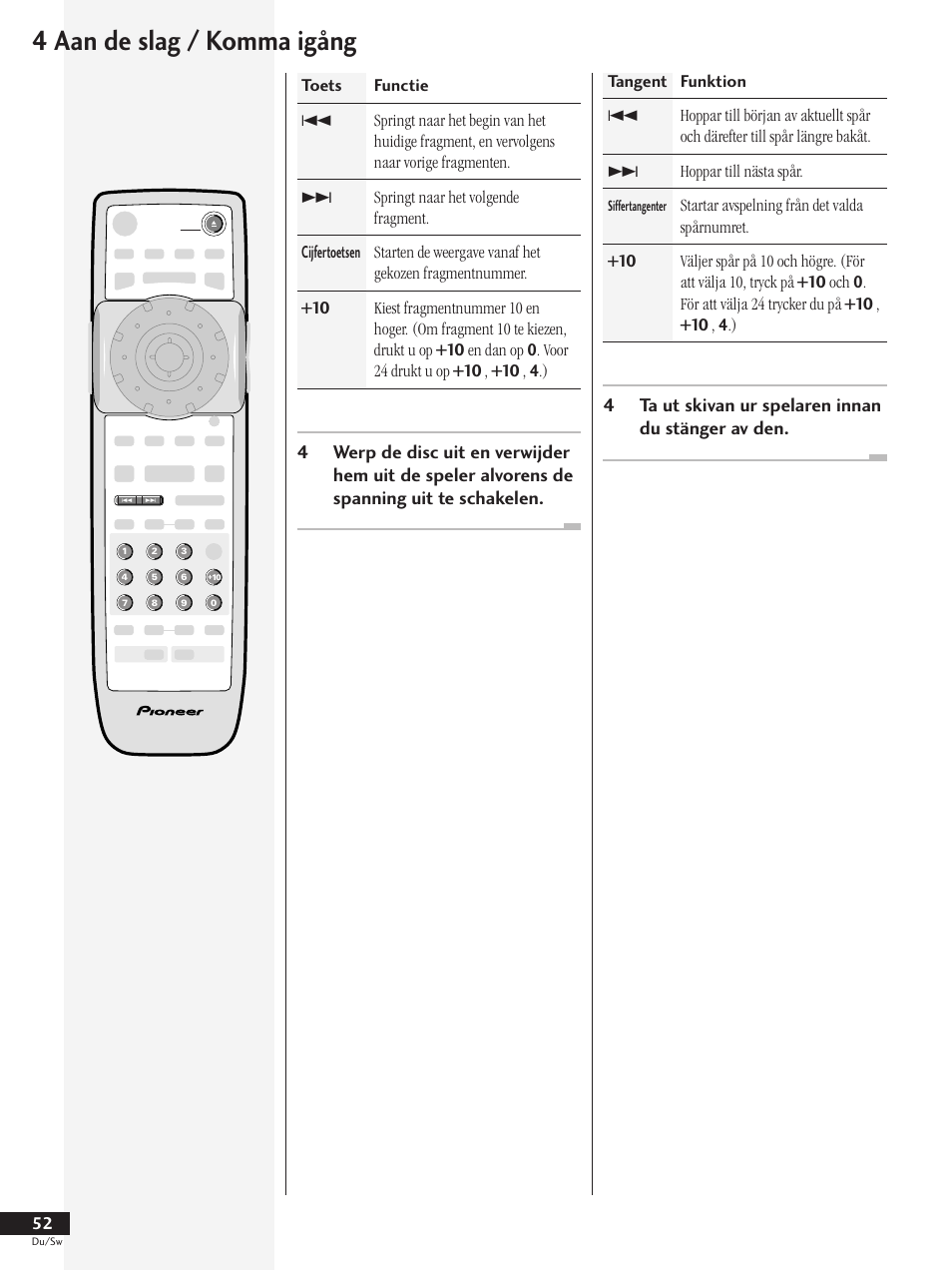 4 aan de slag / komma igång, 4ta ut skivan ur spelaren innan du stänger av den | Pioneer DV-737-K User Manual | Page 52 / 156