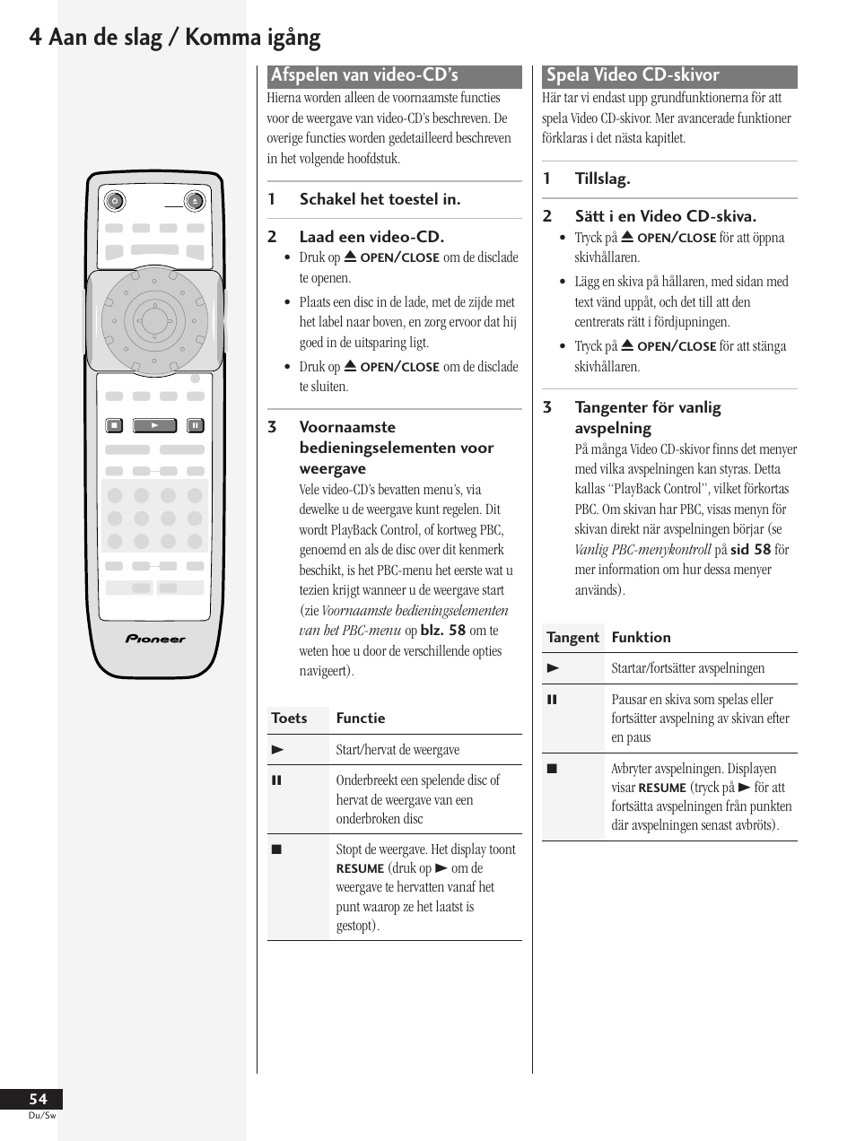 Afspelen van video-cd’s, Spela video cd-skivor, 4 aan de slag / komma igång | Pioneer DV-737-K User Manual | Page 54 / 156
