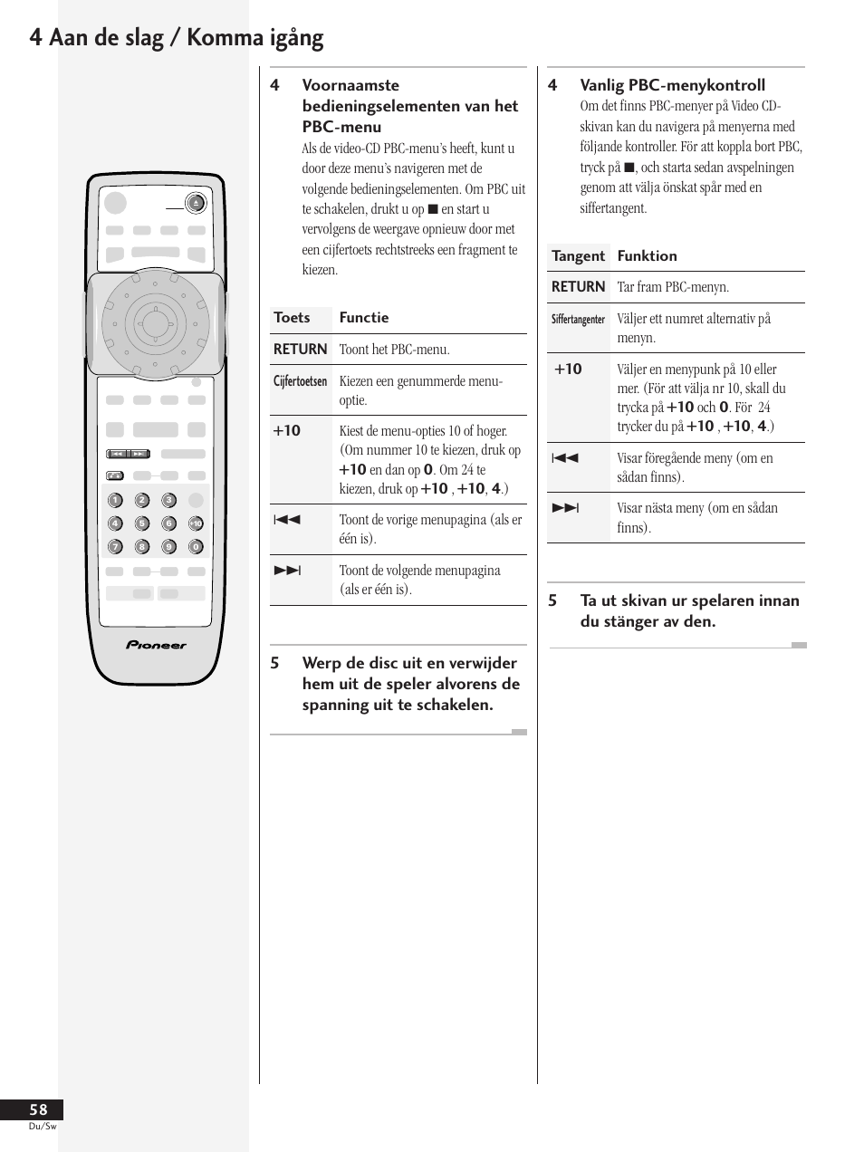 4 aan de slag / komma igång, 4voornaamste bedieningselementen van het pbc-menu, 5ta ut skivan ur spelaren innan du stänger av den | Pioneer DV-737-K User Manual | Page 58 / 156