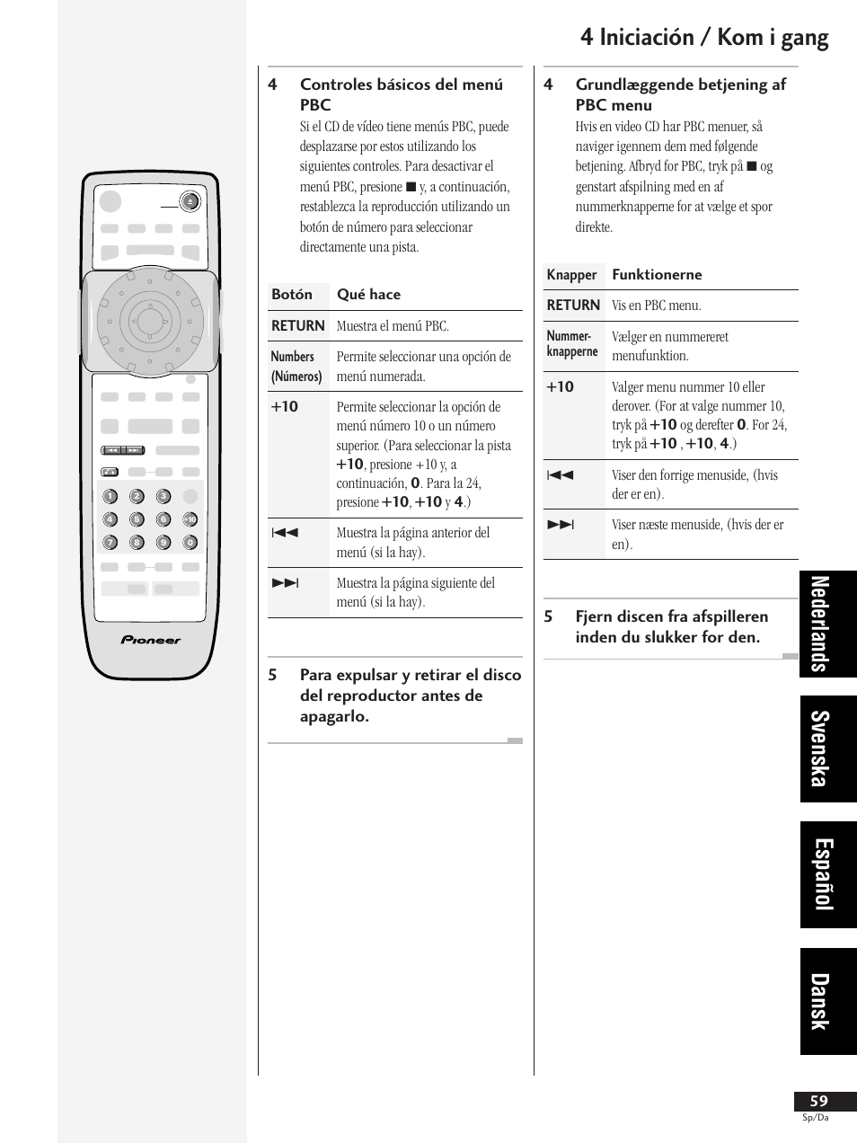 4 iniciación / kom i gang, Nederlands svenska español dansk, 4controles básicos del menú pbc | Pioneer DV-737-K User Manual | Page 59 / 156