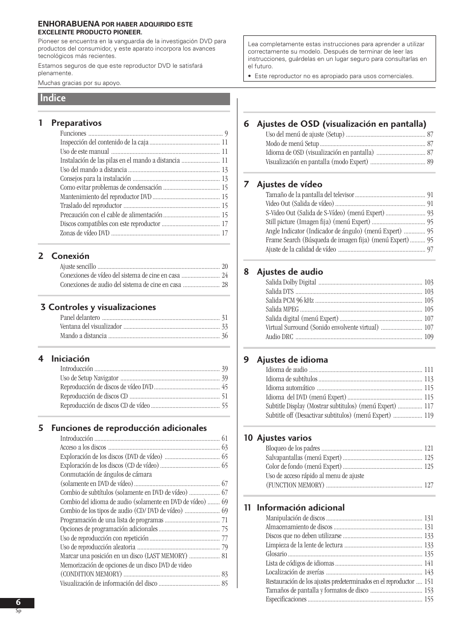 Índice | Pioneer DV-737-K User Manual | Page 6 / 156