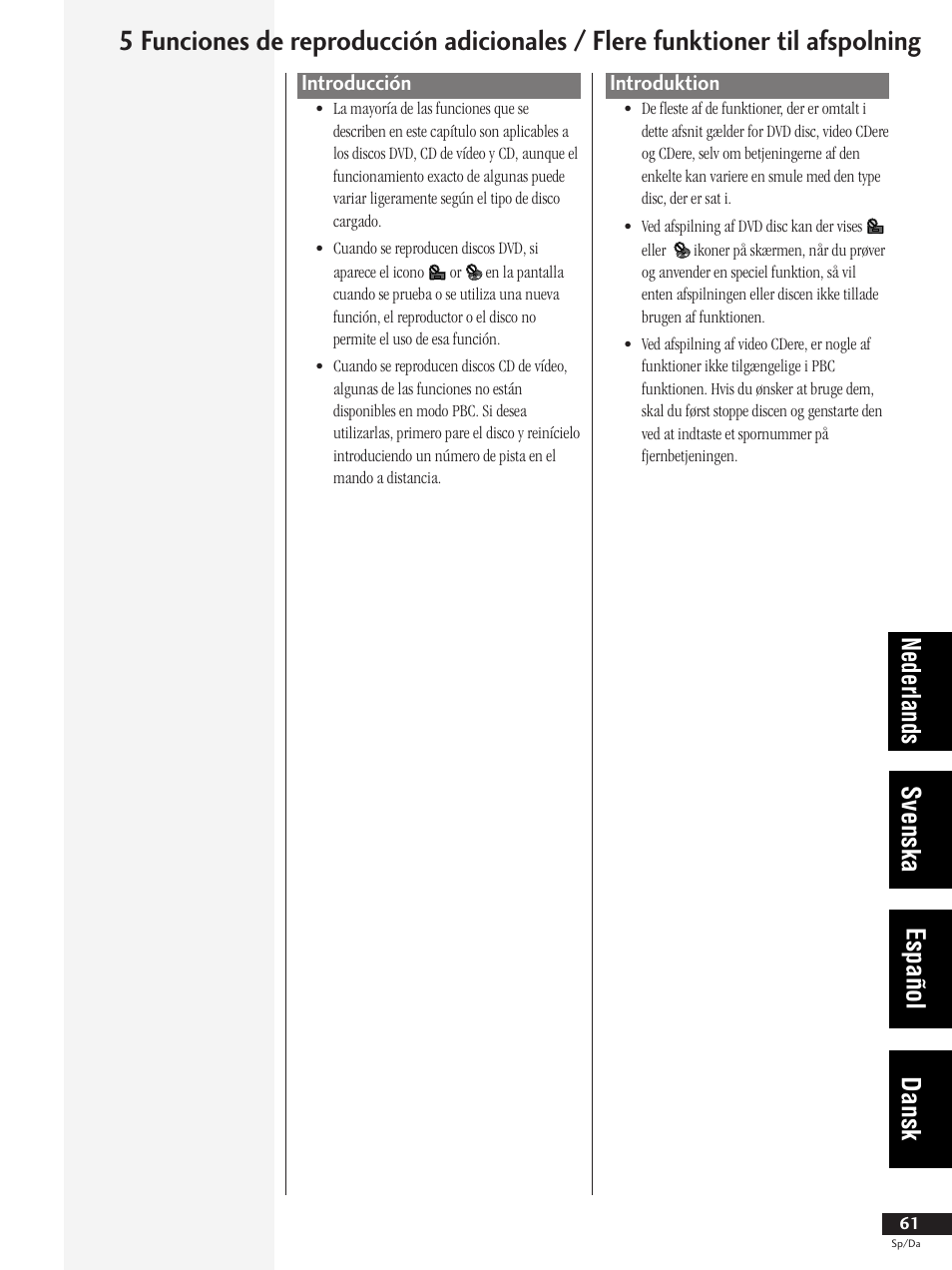 Introducción, Introduktion, Nederlands svenska español dansk | Pioneer DV-737-K User Manual | Page 61 / 156