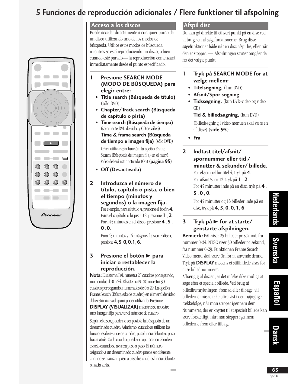 Acceso a los discos, Afspil disc, Nederlands svenska español dansk | Pioneer DV-737-K User Manual | Page 63 / 156