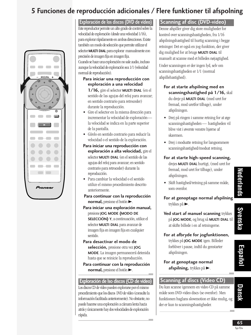 Nederlands svenska español dansk, Exploración de los discos (dvd de vídeo), Exploración de lso discos (cd de vídeo) | Scanning af disc (dvd-video), Scanning af discs (video cd) | Pioneer DV-737-K User Manual | Page 65 / 156