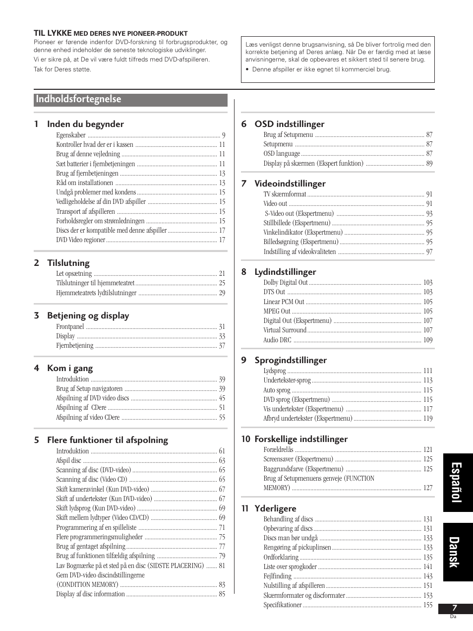 Español dansk, Indholdsfortegnelse | Pioneer DV-737-K User Manual | Page 7 / 156
