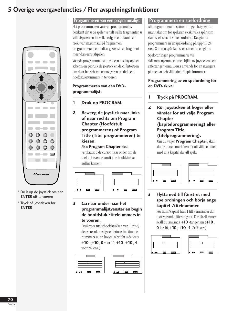 Programmeren van een weergavelijst, Programmera en spelordning, Programmeren van een programmalijst | Tryck på joysticken för enter, Druk op de joystick om een enter uit te voeren | Pioneer DV-737-K User Manual | Page 70 / 156
