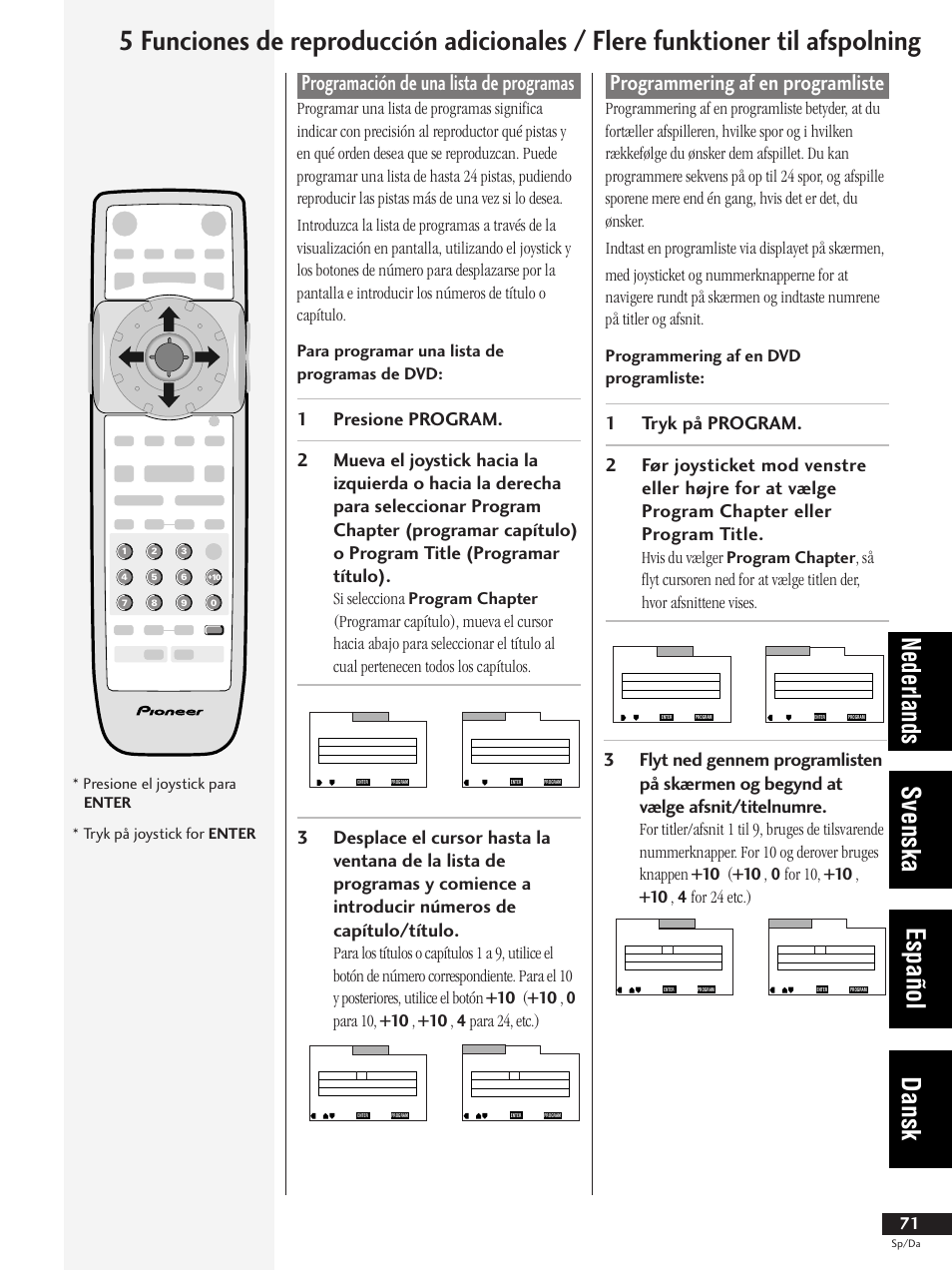Programación de una lista de programas, Programmering af en spilleliste, Nederlands svenska español dansk | Programmering af en programliste, Presione el joystick para enter, Tryk på joystick for enter | Pioneer DV-737-K User Manual | Page 71 / 156