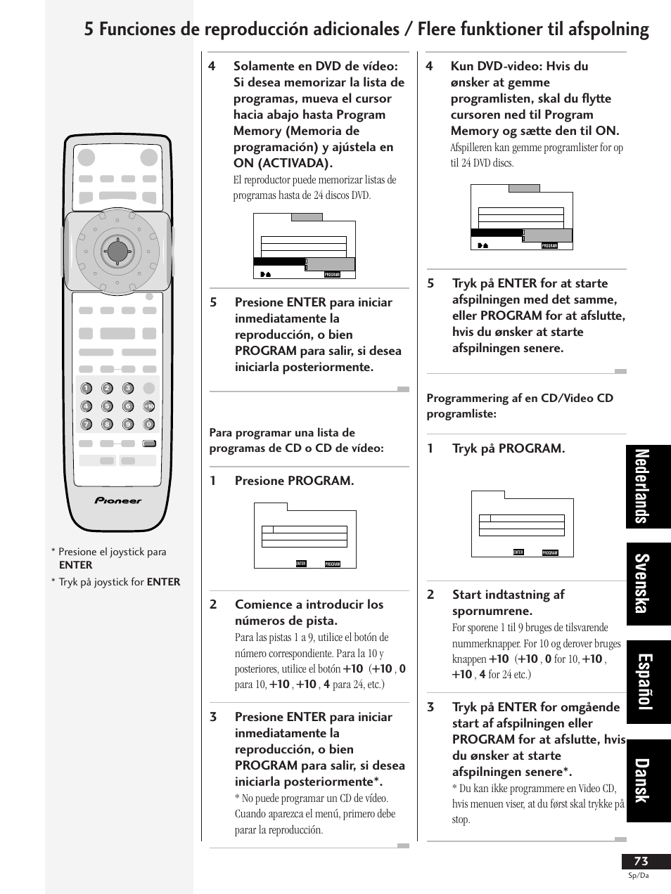 Nederlands svenska español dansk, Programmering af en cd/video cd programliste, Presione el joystick para enter | Tryk på joystick for enter | Pioneer DV-737-K User Manual | Page 73 / 156
