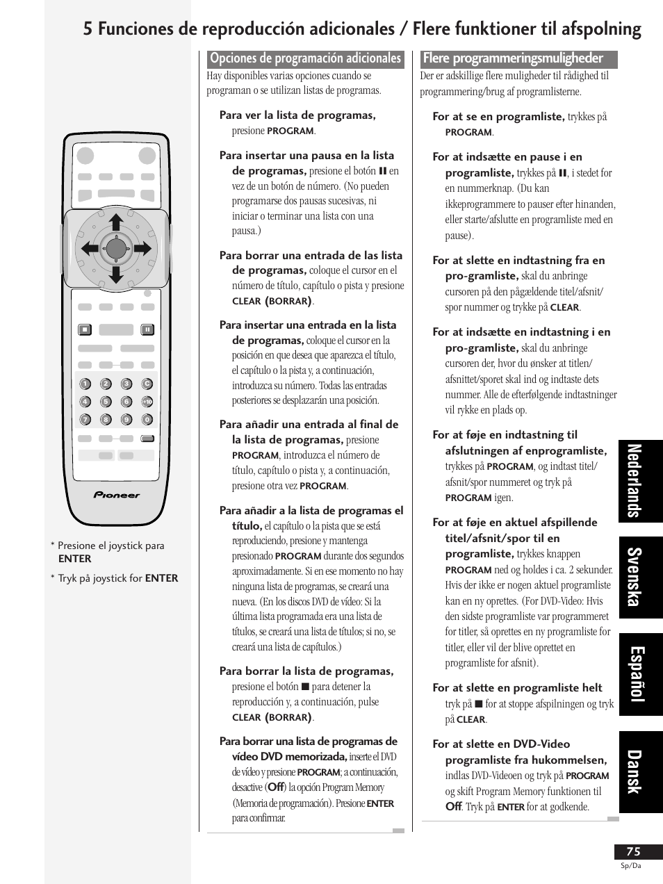 Opciones de programación adicionales, Flere programmeringsmuligheder, Nederlands svenska español dansk | Pioneer DV-737-K User Manual | Page 75 / 156