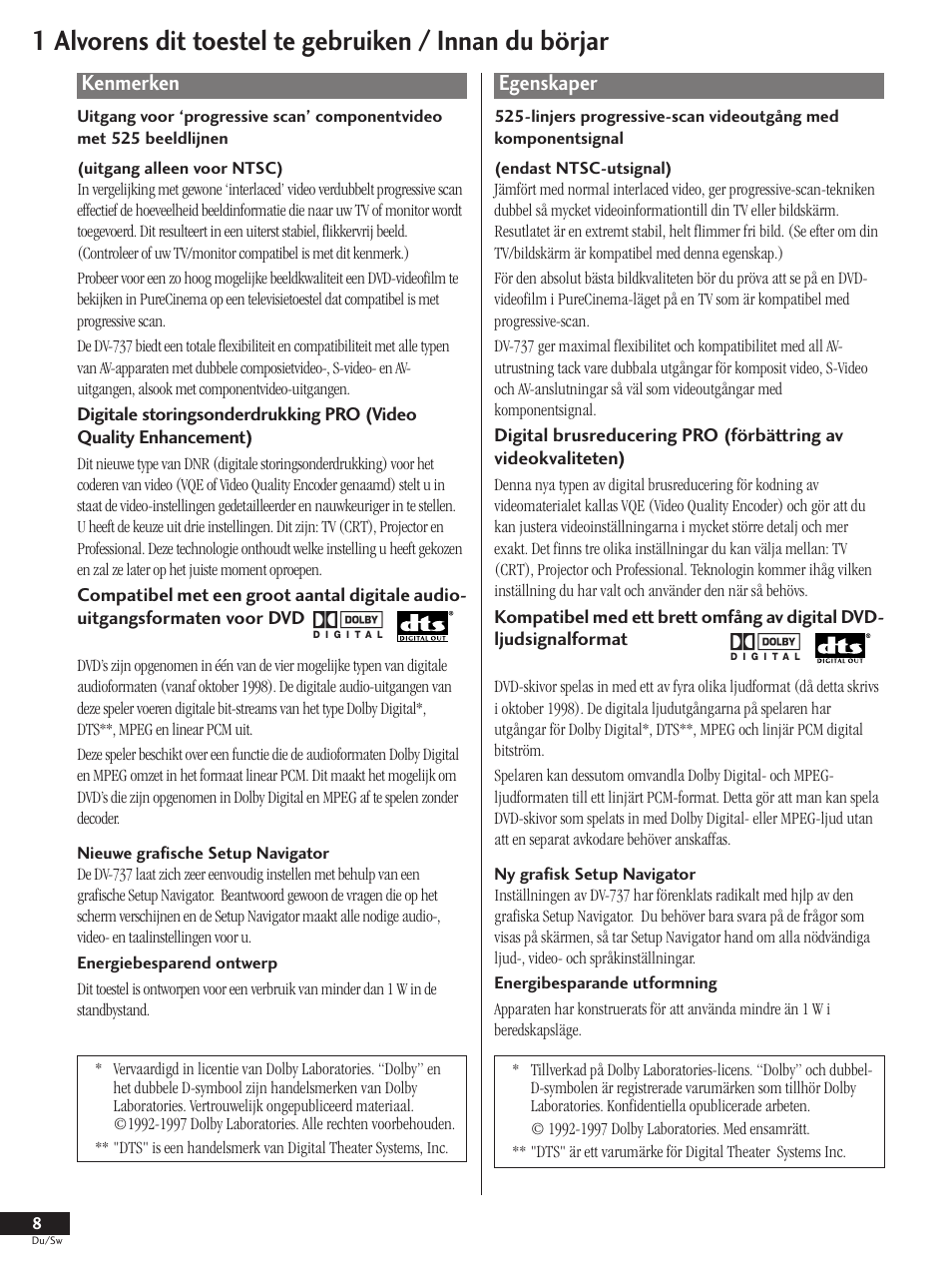 Kenmerken, Egenskaper | Pioneer DV-737-K User Manual | Page 8 / 156
