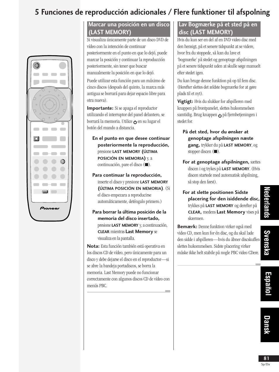Marcar una posición en un disco (last memory), Nederlands svenska español dansk | Pioneer DV-737-K User Manual | Page 81 / 156