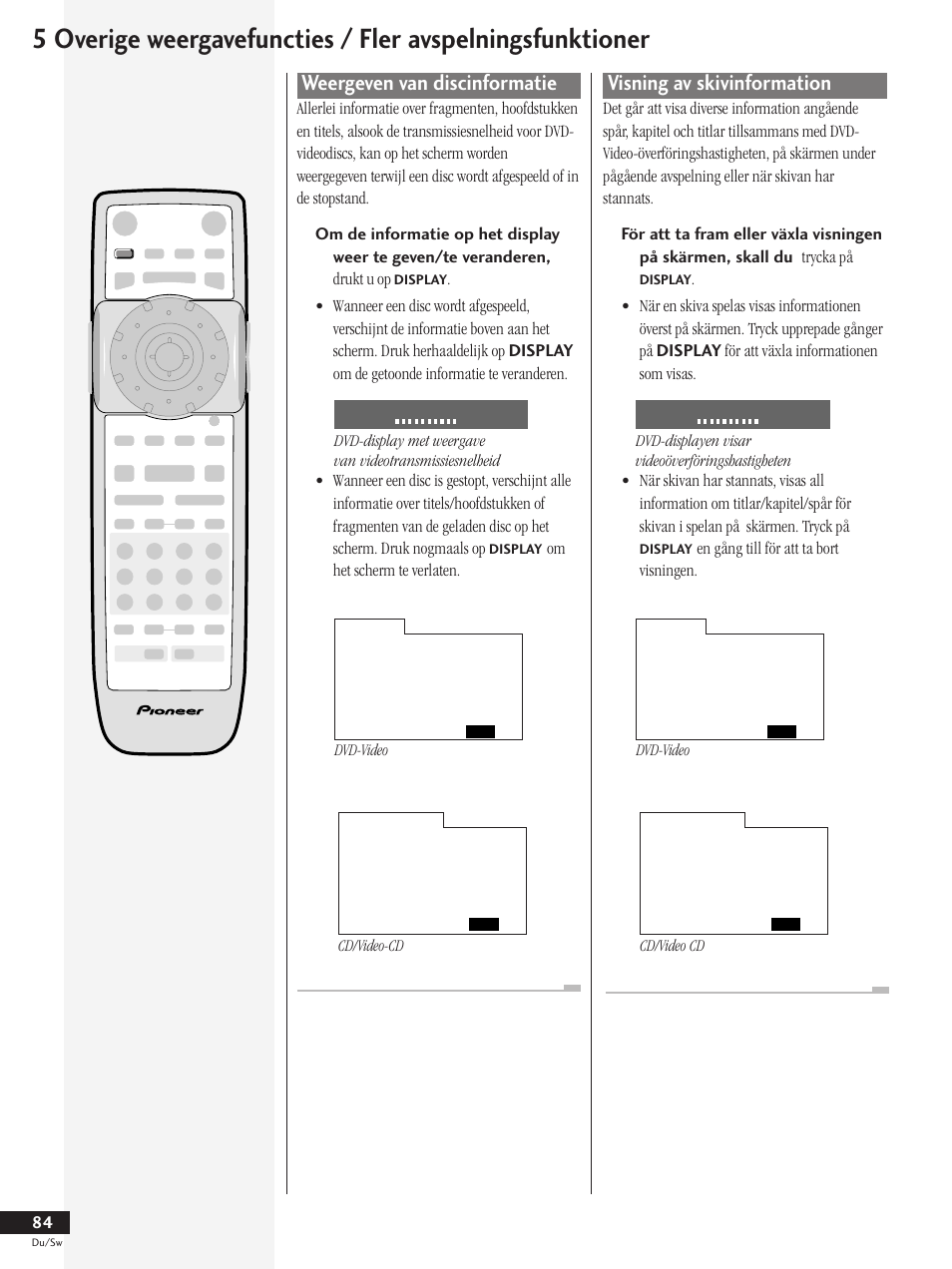 Weergeven van discinformatie, Visning av skivinformation, Om het scherm te verlaten | En gång till för att ta bort visningen | Pioneer DV-737-K User Manual | Page 84 / 156