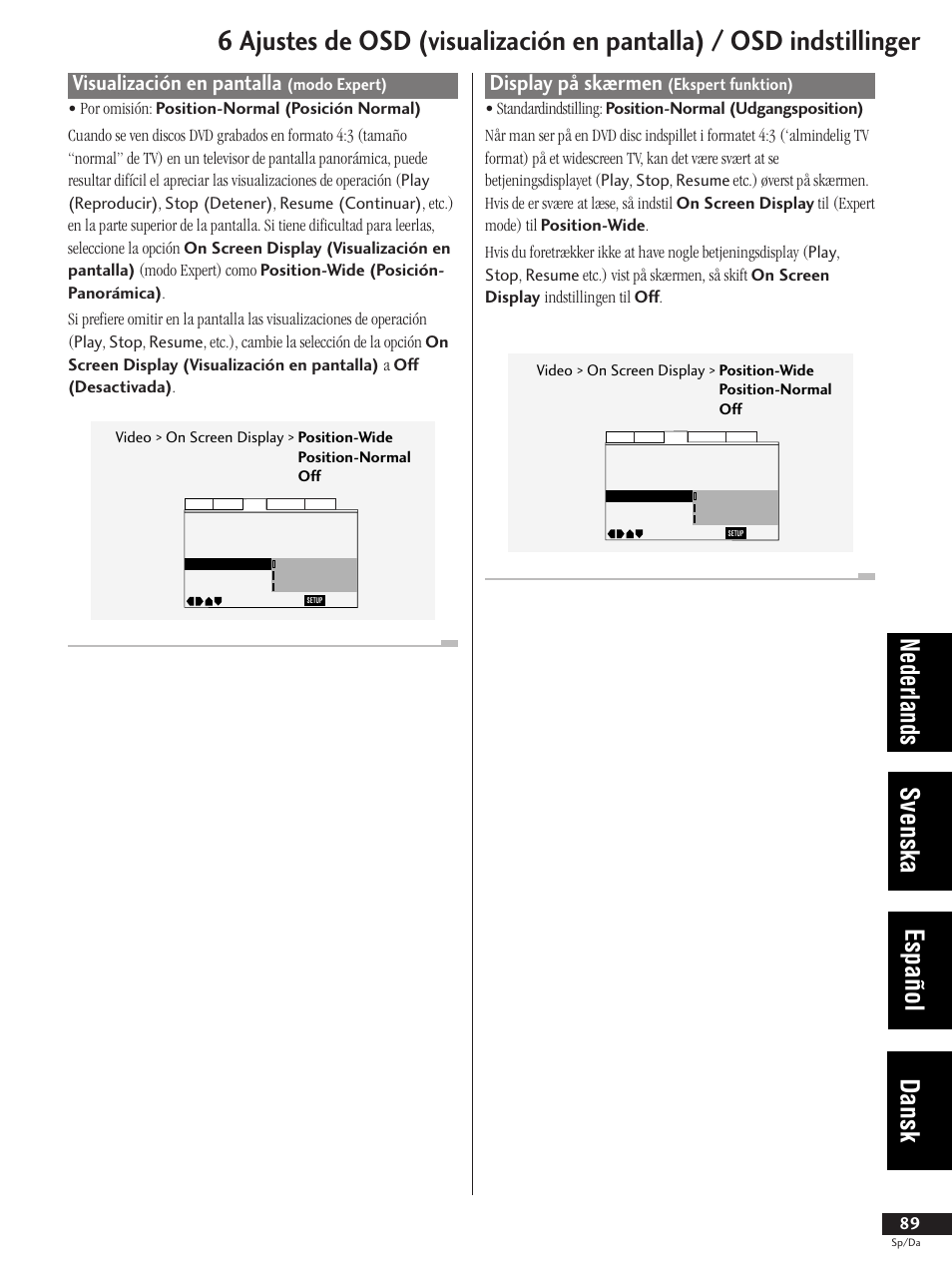 Visualización en pantalla (modo expert), Display på skærmen (ekspert funktion), Nederlands svenska español dansk | Visualización en pantalla, Display på skærmen | Pioneer DV-737-K User Manual | Page 89 / 156