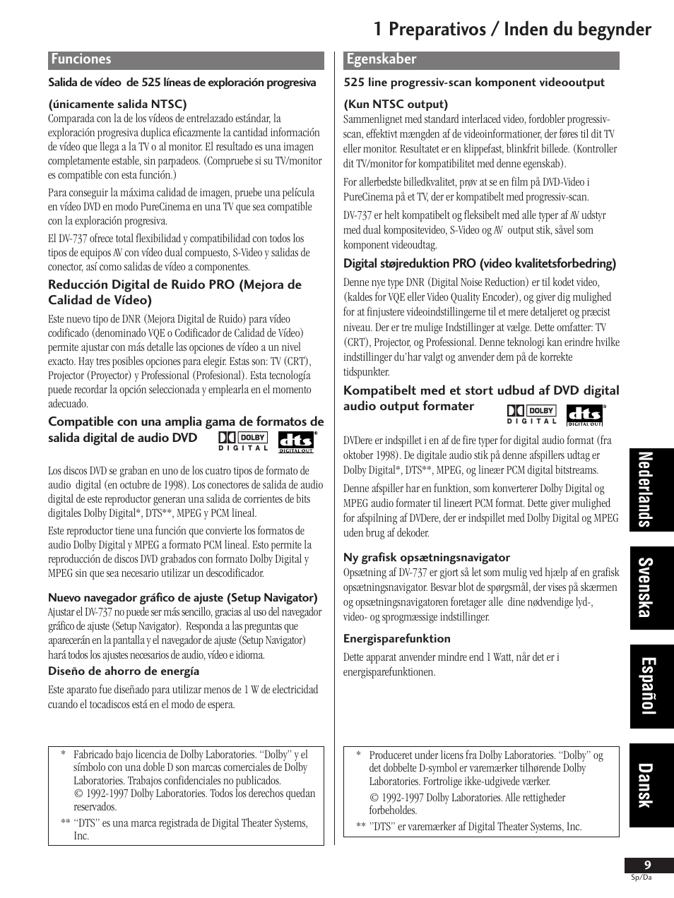 Funciones, Egenskaber, 1 preparativos / inden du begynder | Nederlands svenska español dansk | Pioneer DV-737-K User Manual | Page 9 / 156