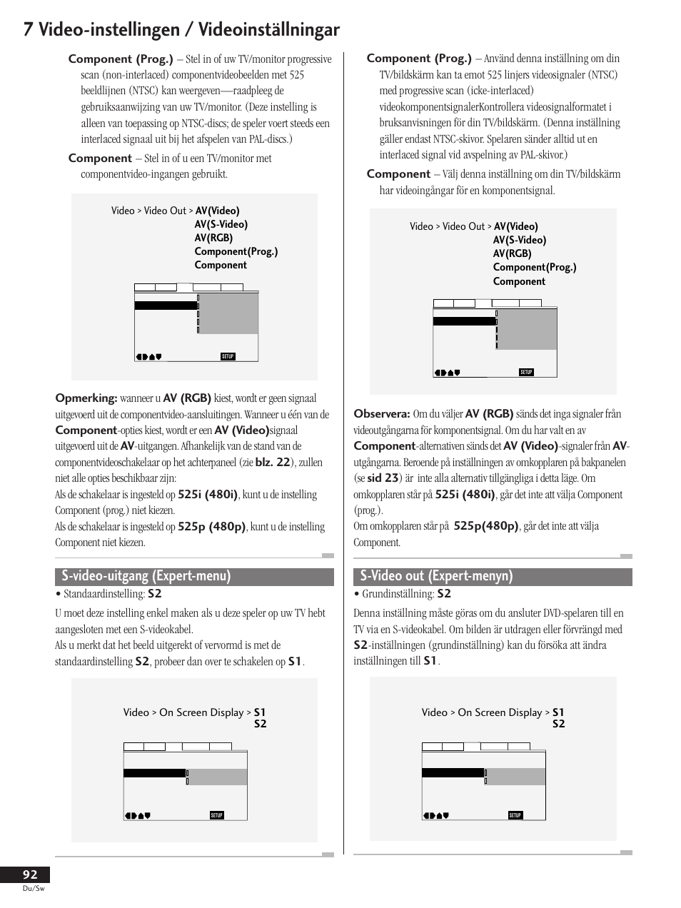 S-video-uitgang (expert-menu), S-video out (expert-menyn), 7 video-instellingen / videoinställningar | Video > on screen display > s1 s2 | Pioneer DV-737-K User Manual | Page 92 / 156