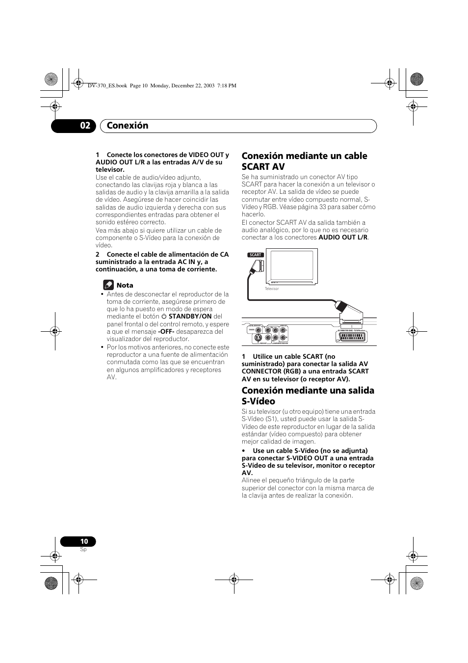 Conexión mediante un cable scart av, Conexión mediante una salida s-vídeo, Conexión 02 | Pioneer DV-370-S User Manual | Page 10 / 86