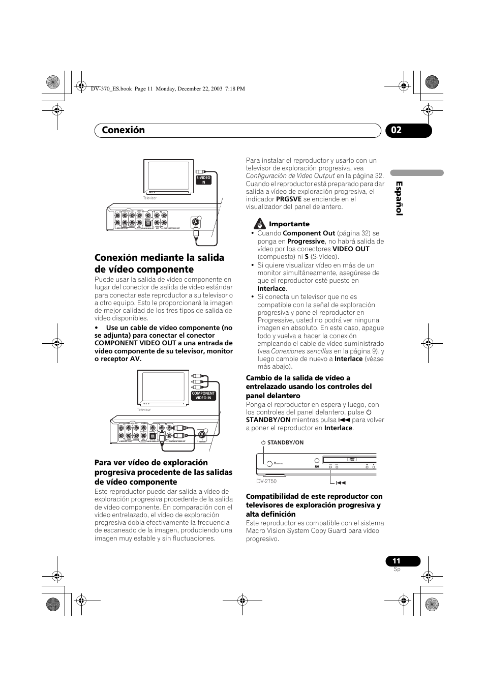Conexión mediante la salida de vídeo componente, Conexión 02, Espa ñol | Pioneer DV-370-S User Manual | Page 11 / 86