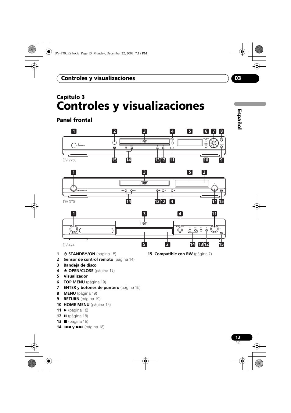 03 controles y visualizaciones, Panel frontal, Controles y visualizaciones | Controles y visualizaciones 03, Capítulo 3 | Pioneer DV-370-S User Manual | Page 13 / 86