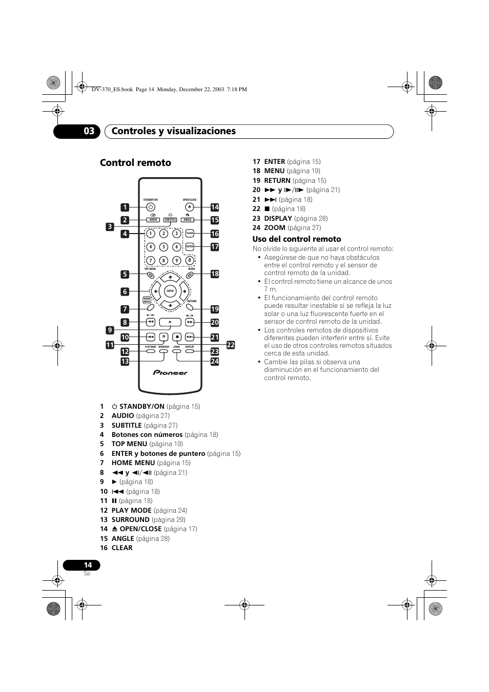 Control remoto, Controles y visualizaciones 03 | Pioneer DV-370-S User Manual | Page 14 / 86