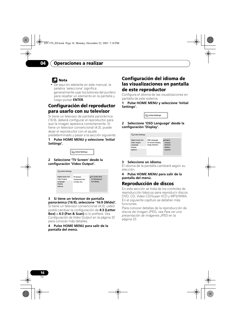 Reproducción de discos, Operaciones a realizar 04 | Pioneer DV-370-S User Manual | Page 16 / 86