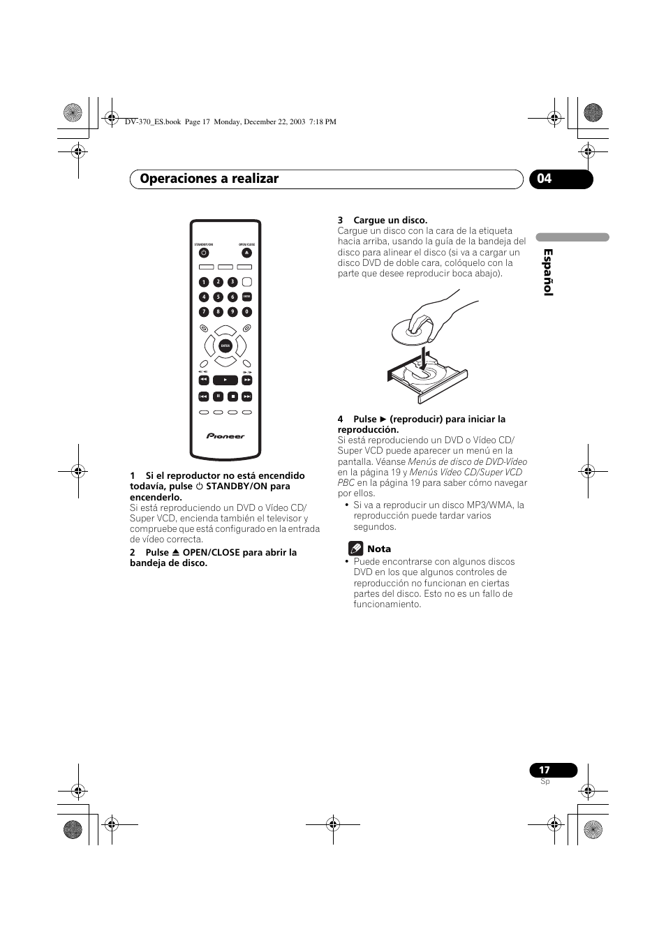 Operaciones a realizar 04, Espa ñol | Pioneer DV-370-S User Manual | Page 17 / 86