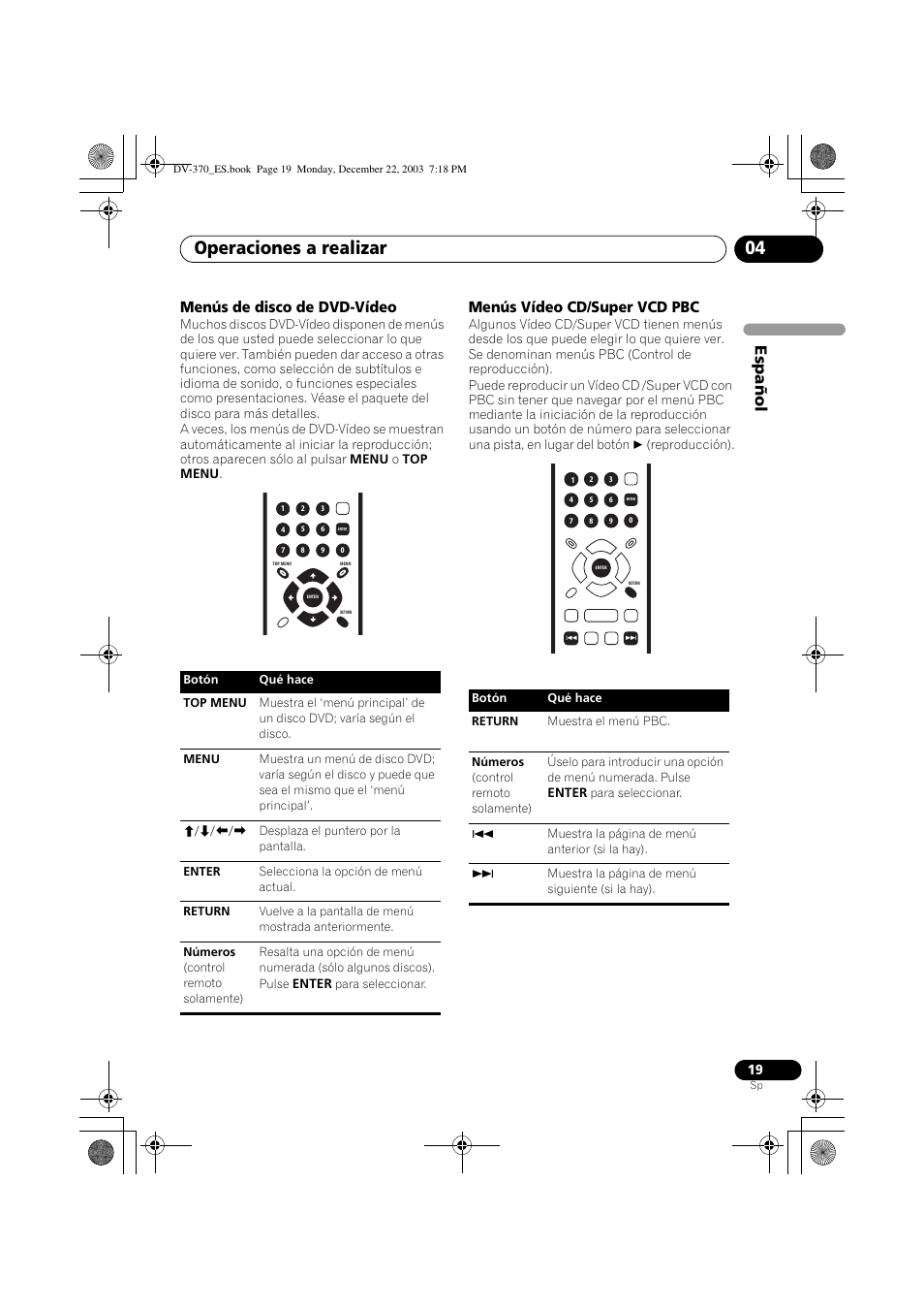 Operaciones a realizar 04, Espa ñol, Menús de disco de dvd-vídeo | Menús vídeo cd/super vcd pbc | Pioneer DV-370-S User Manual | Page 19 / 86