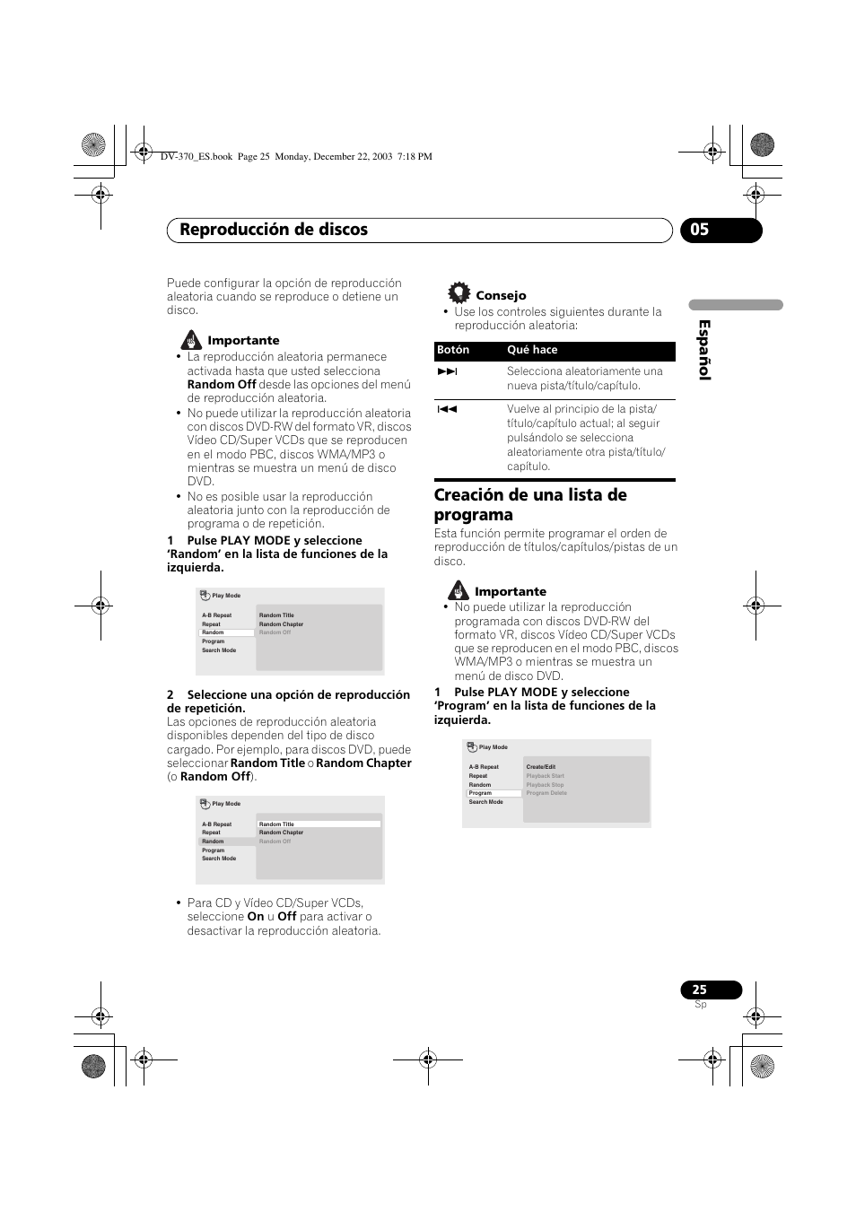 Creación de una lista de programa, Reproducción de discos 05, Espa ñol | Pioneer DV-370-S User Manual | Page 25 / 86
