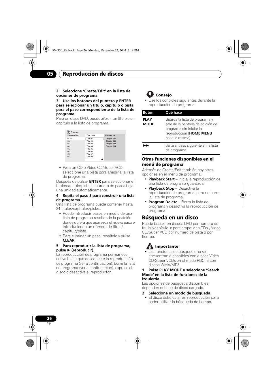 Búsqueda en un disco, Reproducción de discos 05, Otras funciones disponibles en el menú de programa | Pioneer DV-370-S User Manual | Page 26 / 86