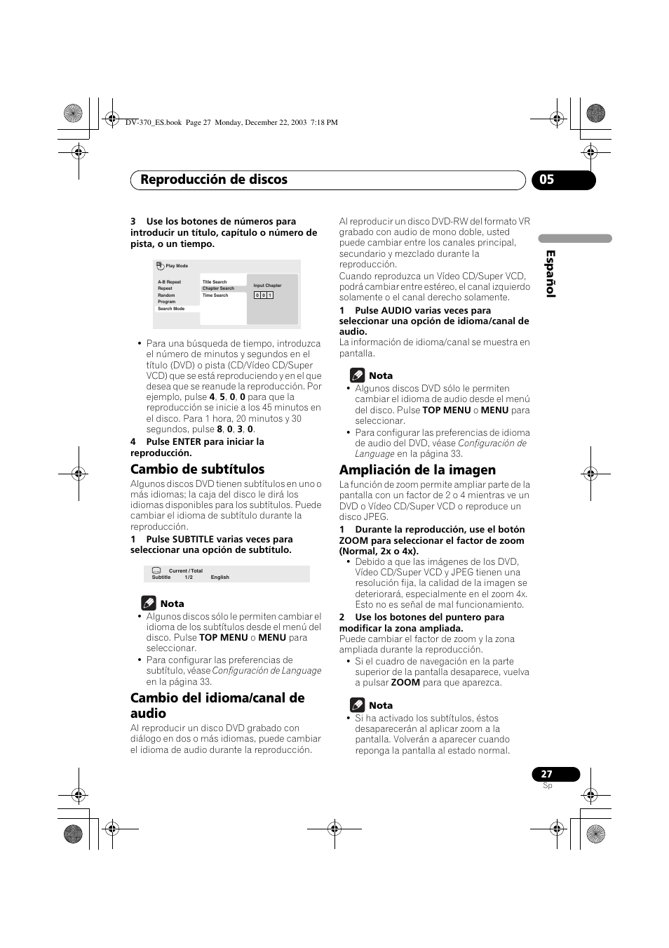 Cambio de subtítulos, Cambio del idioma/canal de audio, Ampliación de la imagen | Reproducción de discos 05, Espa ñol | Pioneer DV-370-S User Manual | Page 27 / 86